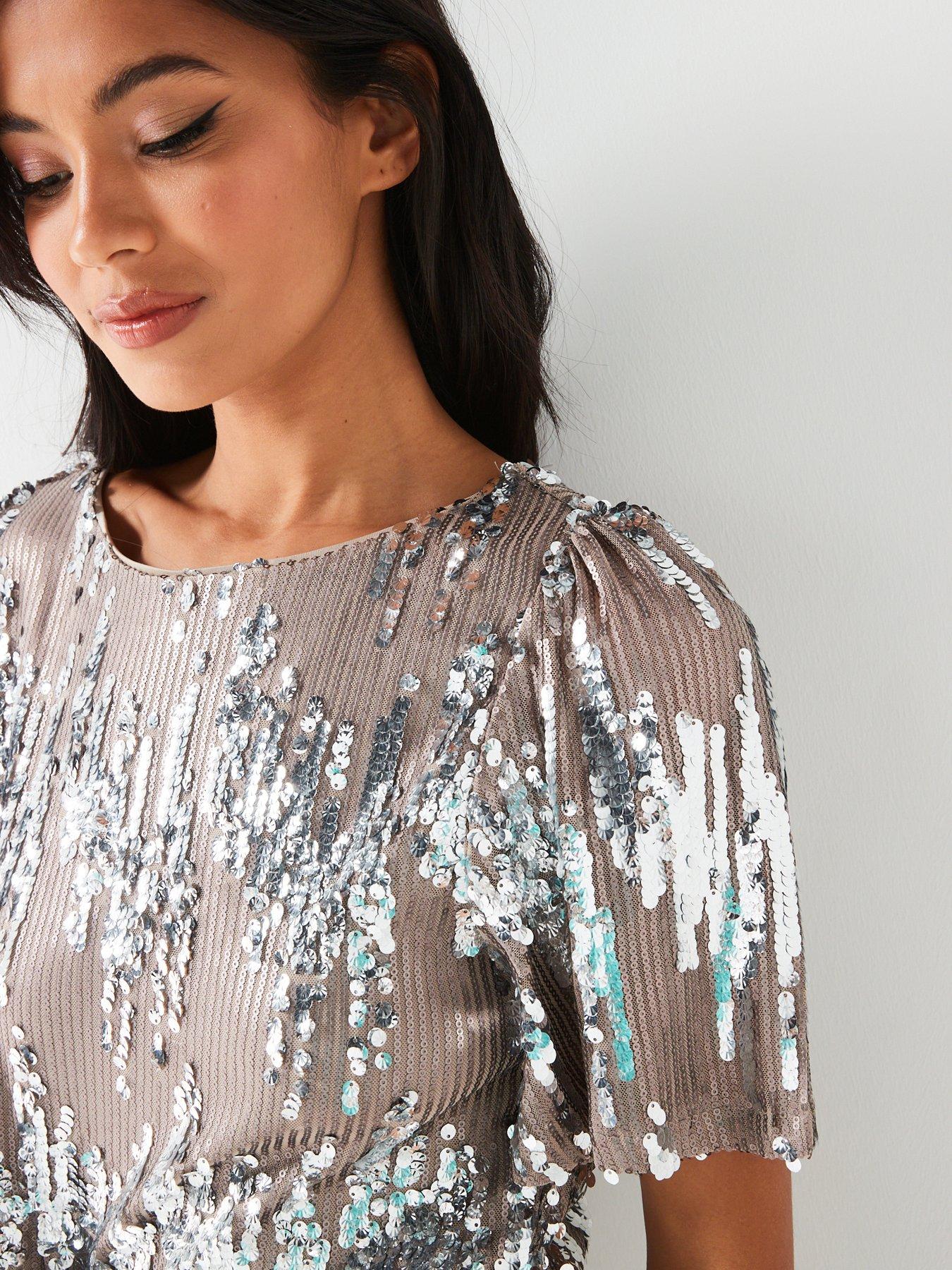 Maya Short Sleeve Sequin Ankle Dress Silver