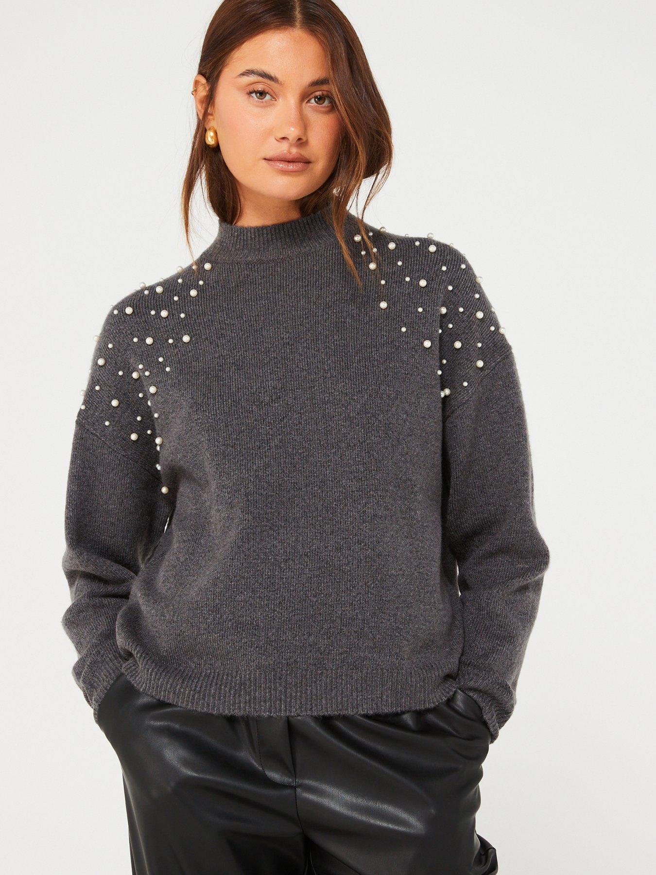 Grey pearl cheap embellished jumper