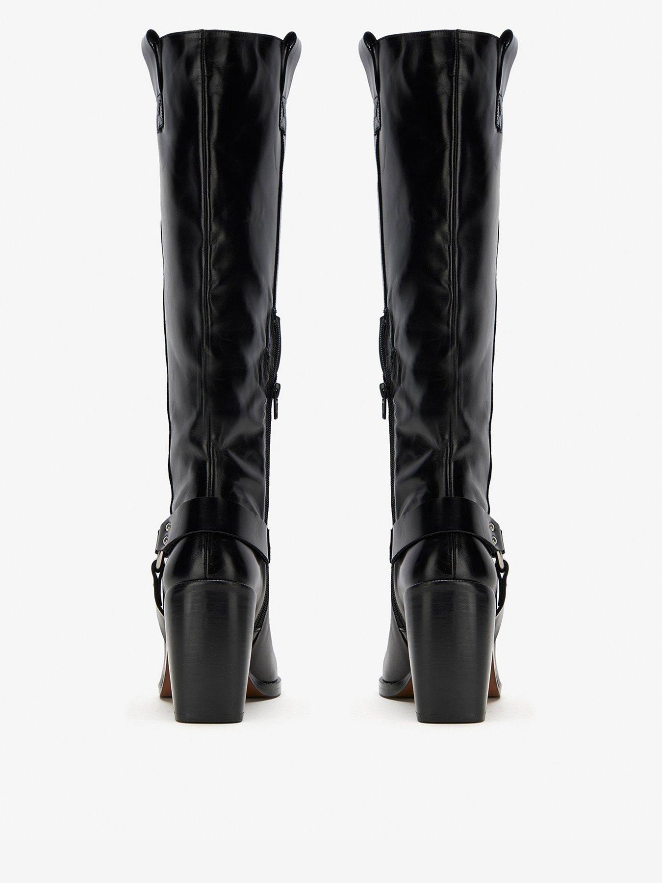 Black Cleated Sole Buckle Ring Detail Mid Calf Boots