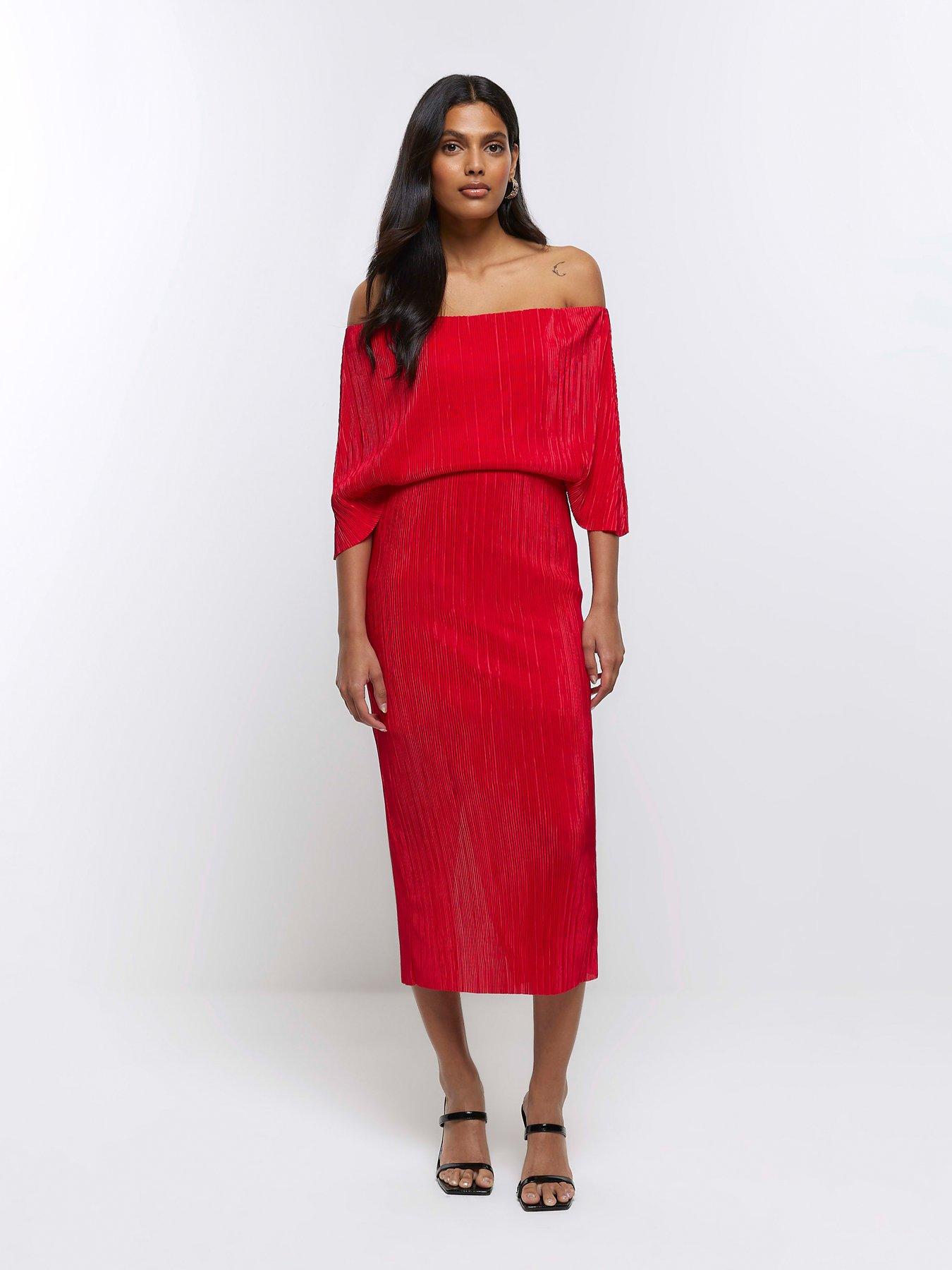 River Island Drape Plisse Off Shoulder Dress - Red | Very.co.uk