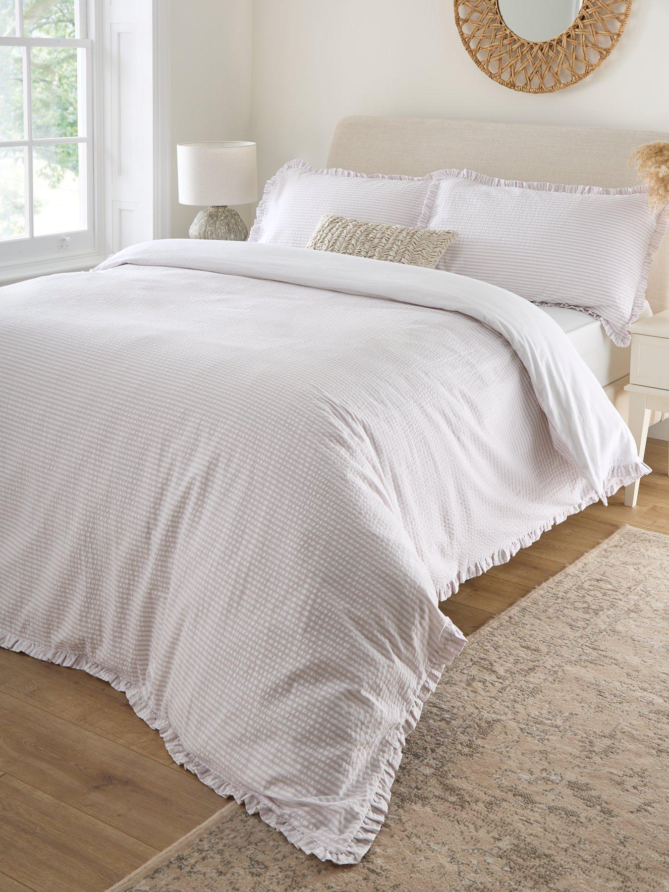 Product photograph of Very Home Stripe Seersucker Ruffle Edge Duvet Cover - White Natural from very.co.uk