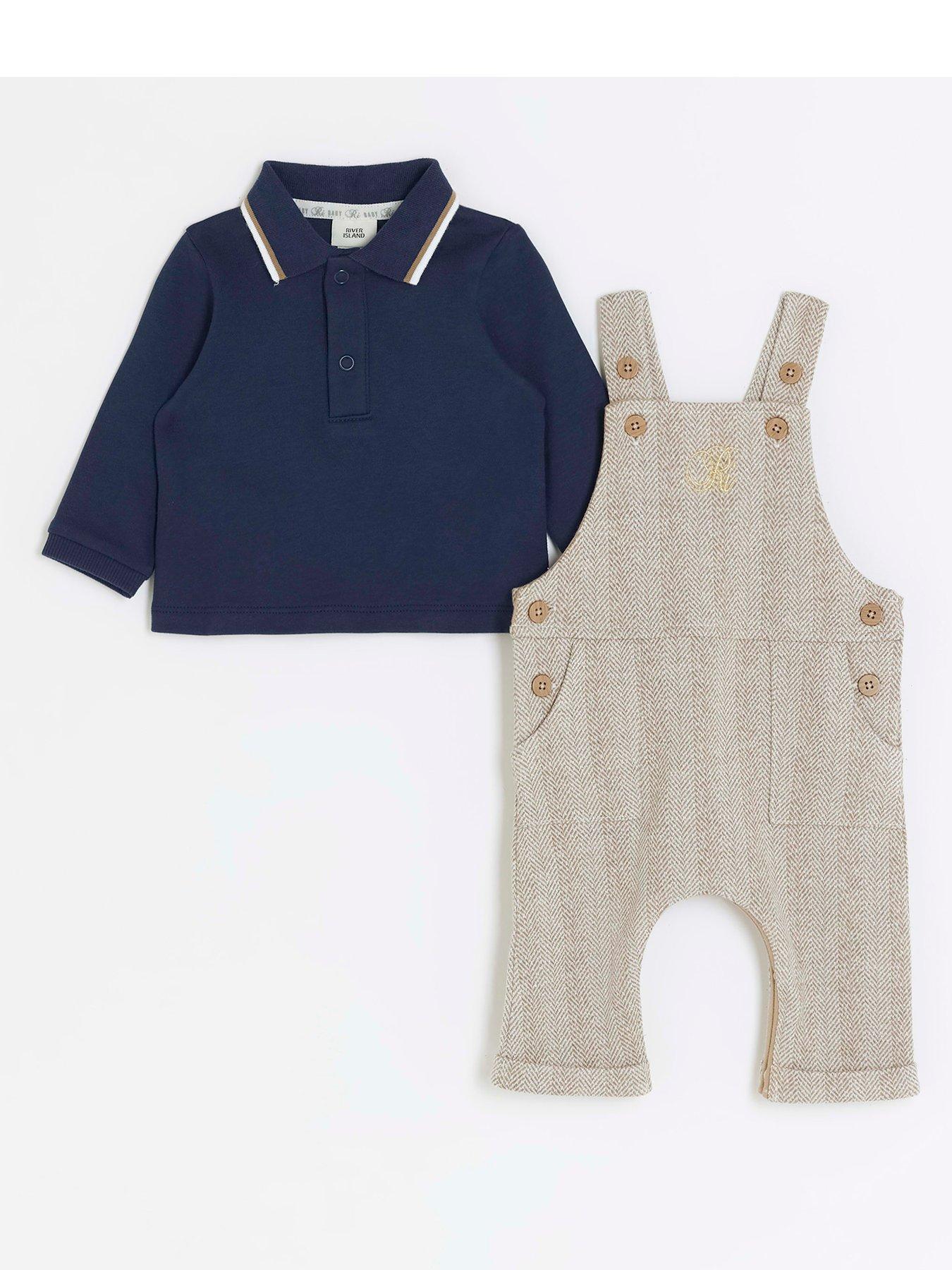River Island Baby Baby Boys Herringbone Dungaree Set Beige very.co.uk
