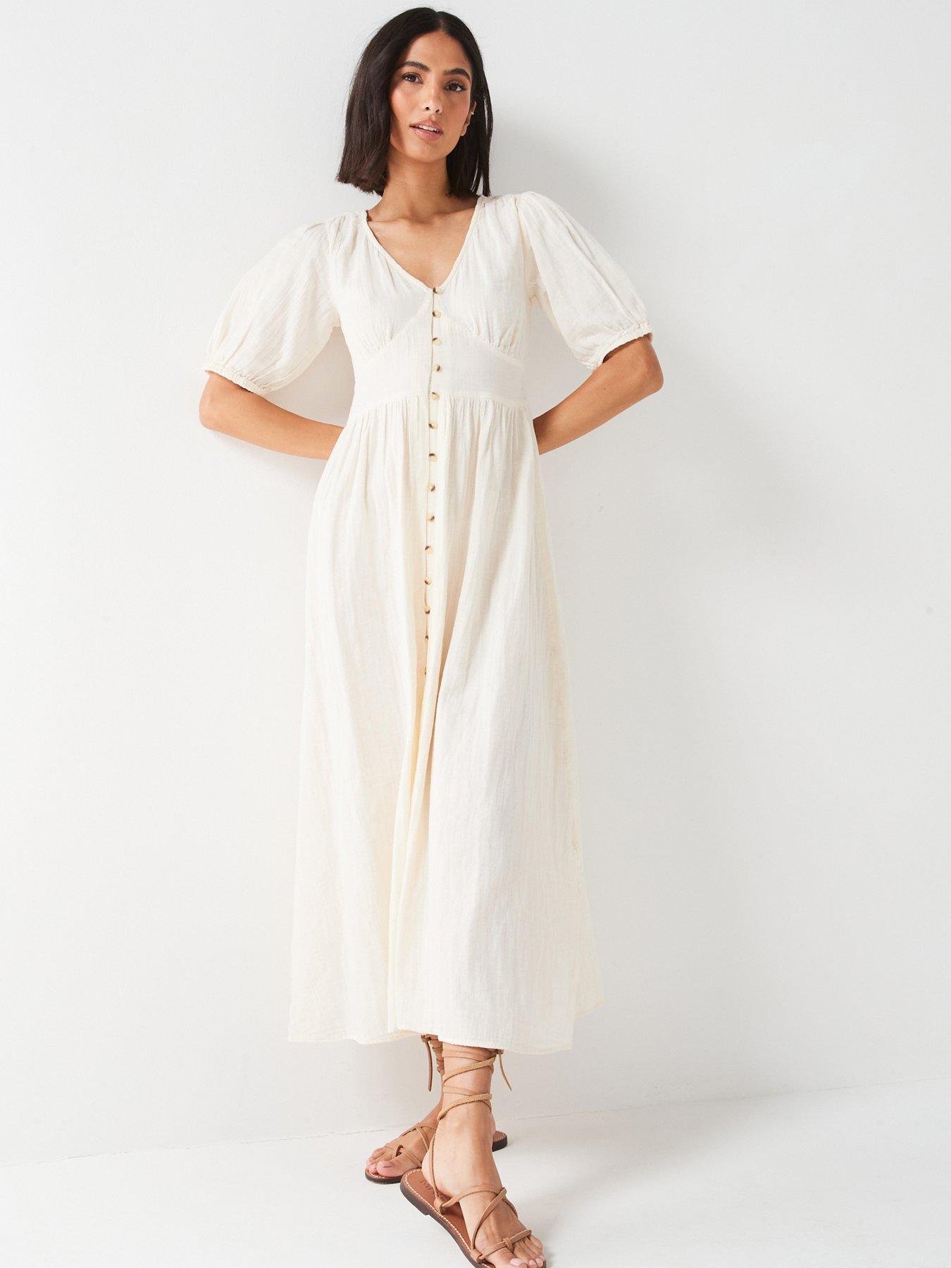 Image 1 of 4 of V by Very Puff Sleeve Seersucker Button Up Midaxi Dress - White