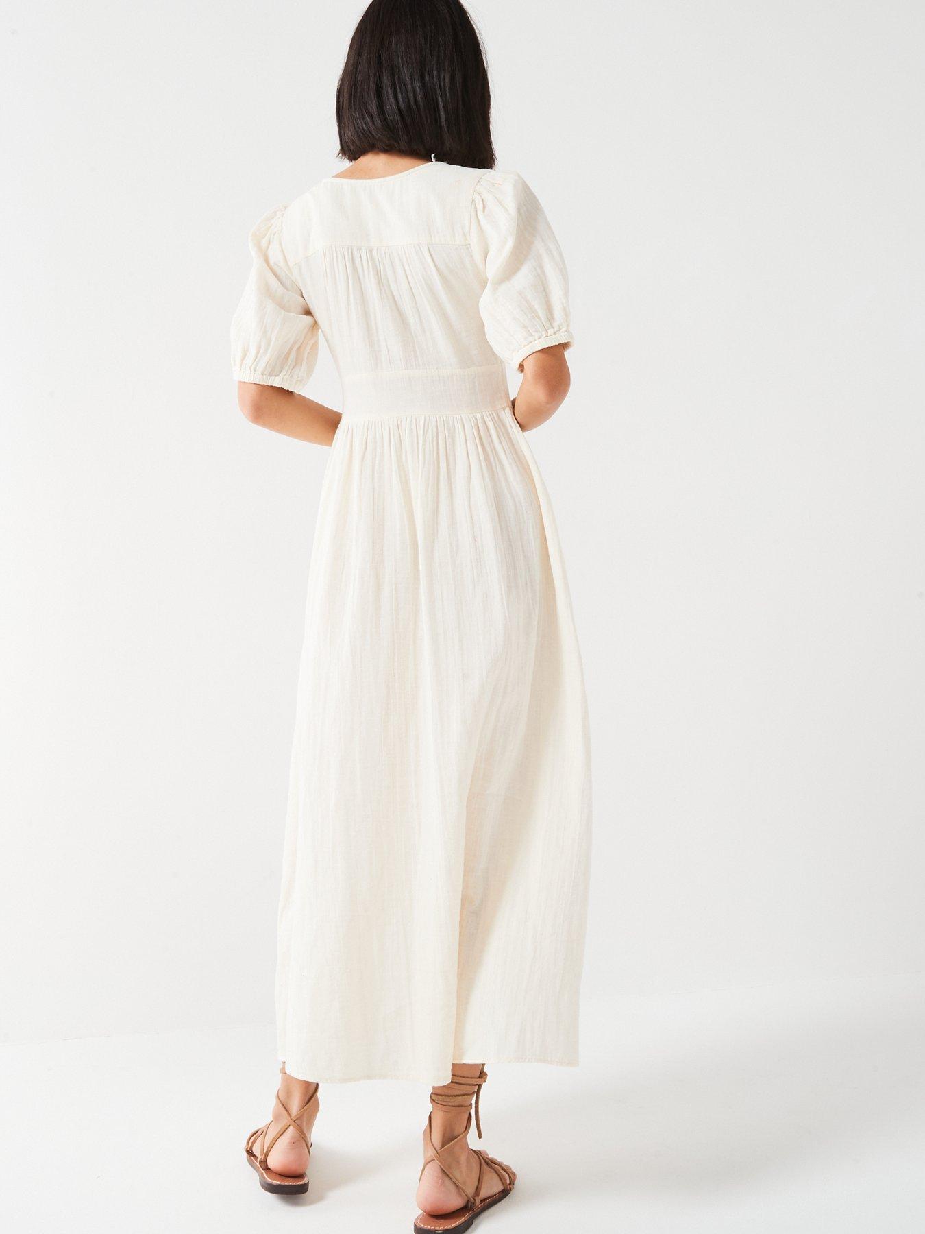Image 2 of 4 of V by Very Puff Sleeve Seersucker Button Up Midaxi Dress - White