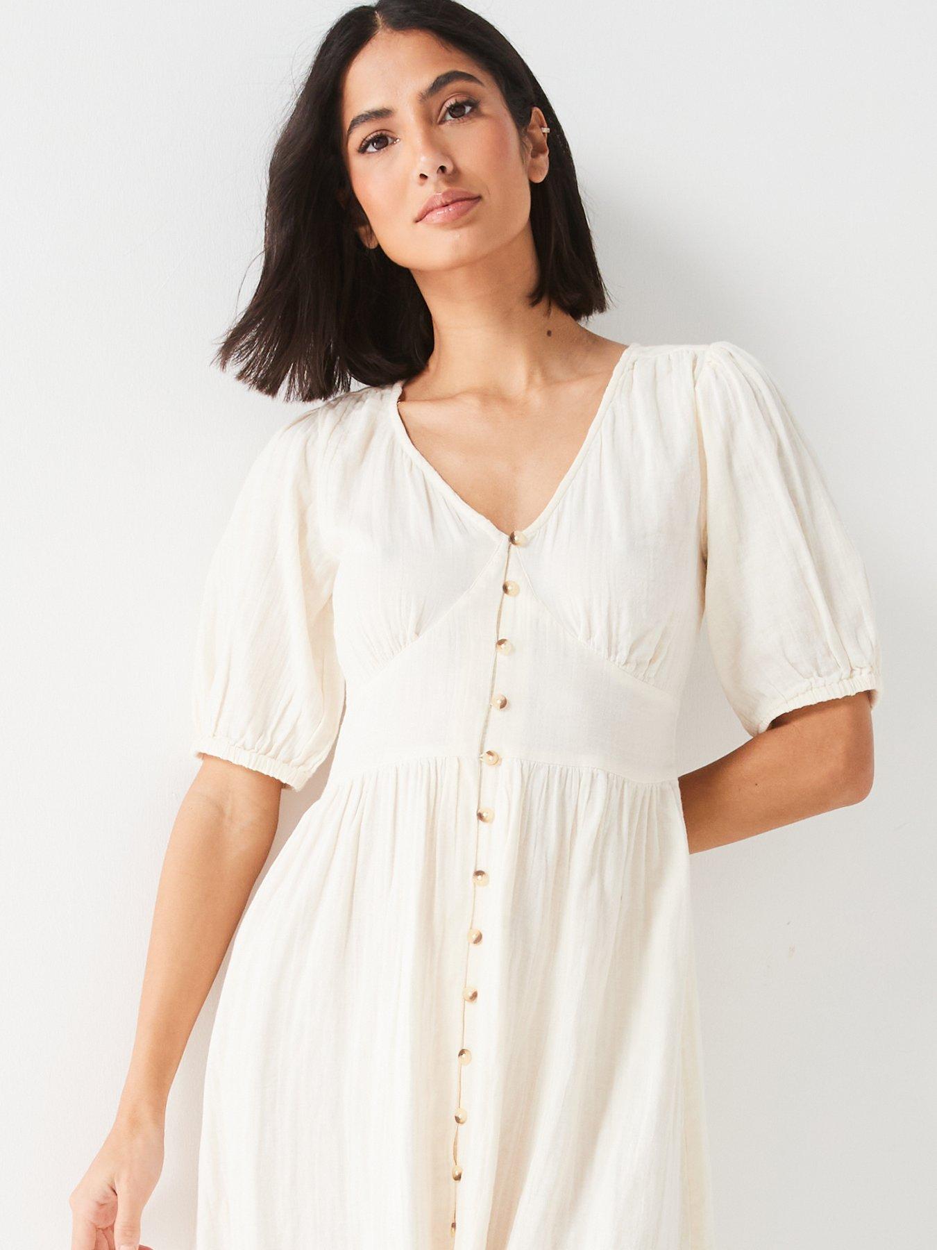 Image 4 of 4 of V by Very Puff Sleeve Seersucker Button Up Midaxi Dress - White