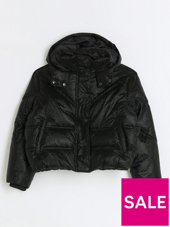 front image of river-island-girls-hooded-puffer-coat-black