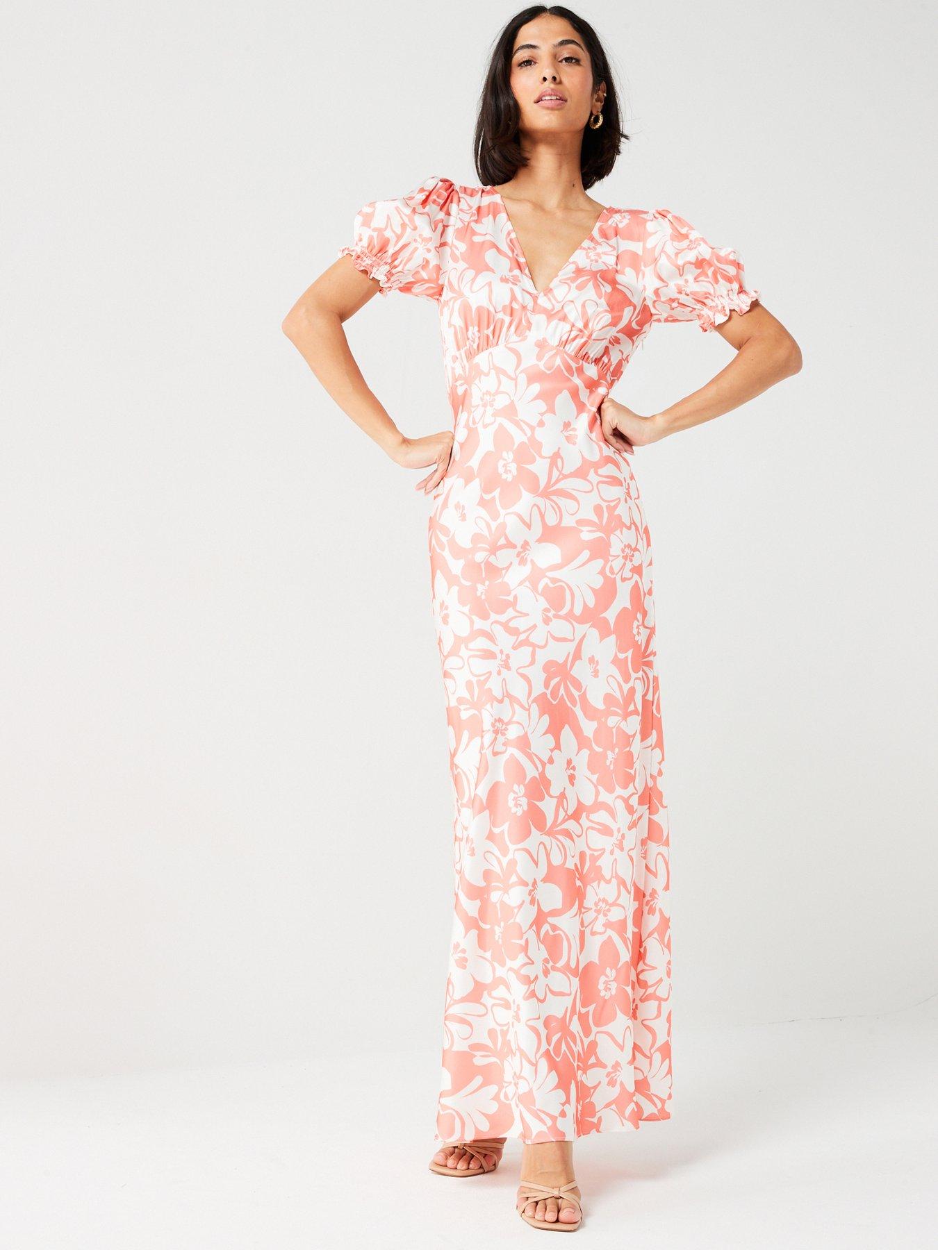 Image 1 of 5 of V by Very Short Sleeve V Neck Floral Print Column Midaxi Dress