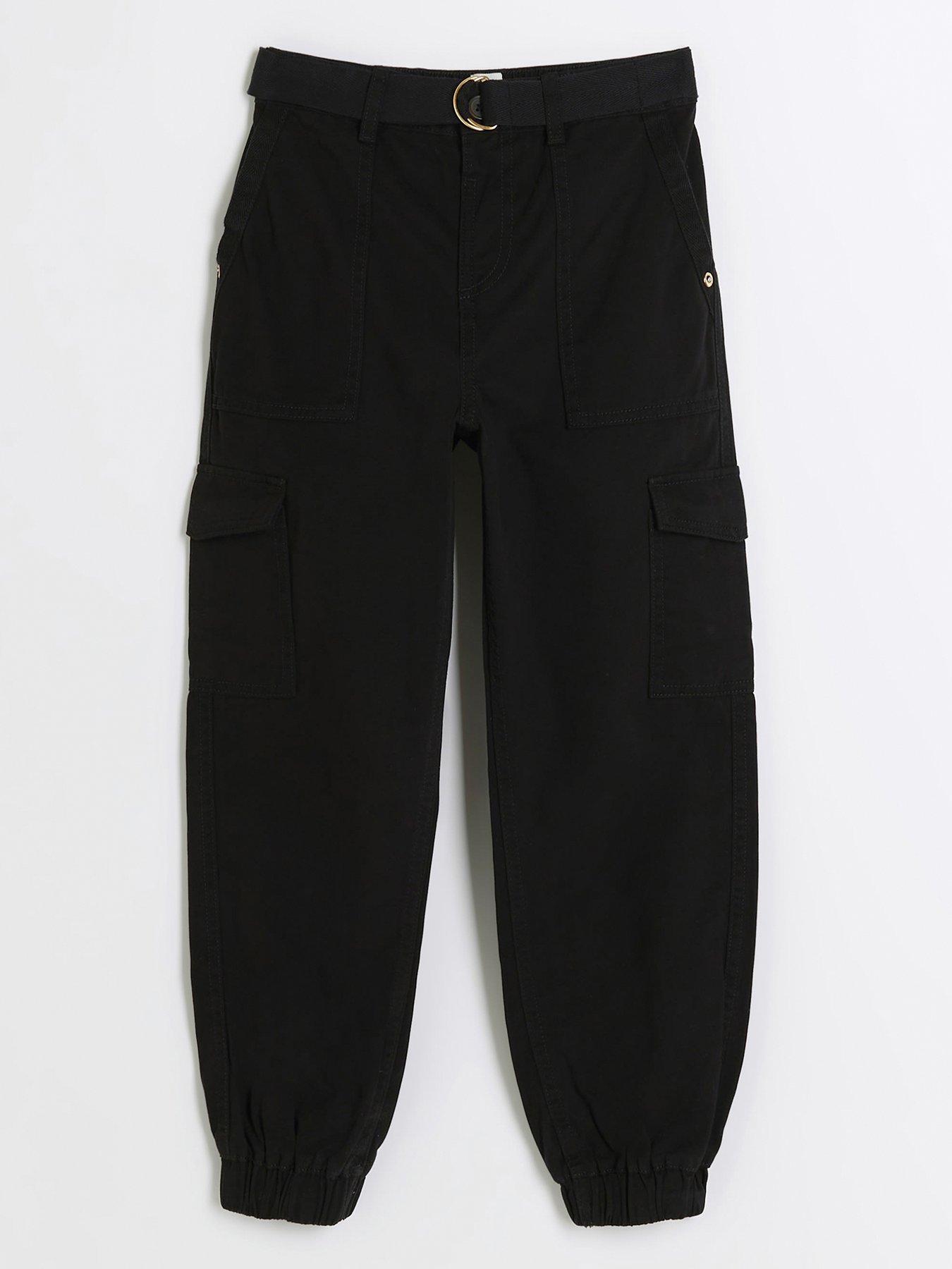 Girls black faux leather cargo trousers