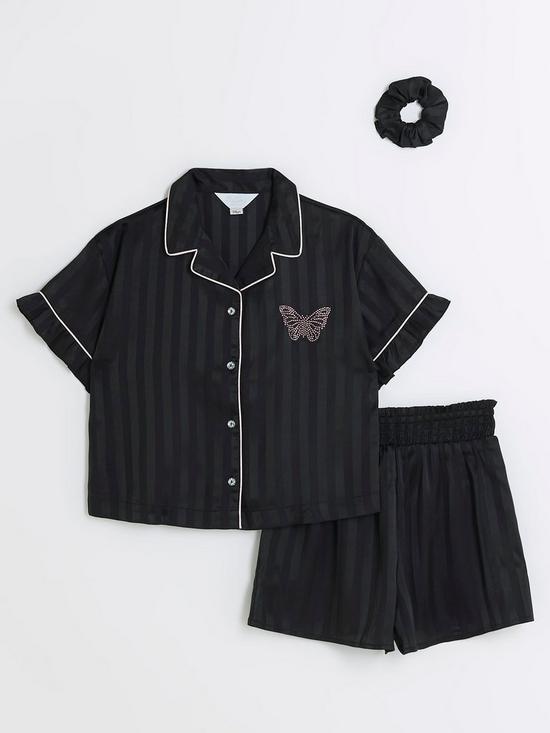 front image of river-island-girls-satin-short-sleeve-pyjama-set-black