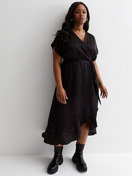 New Look Curves Black Heart Print Satin Wrap Ruffle Midi Dress