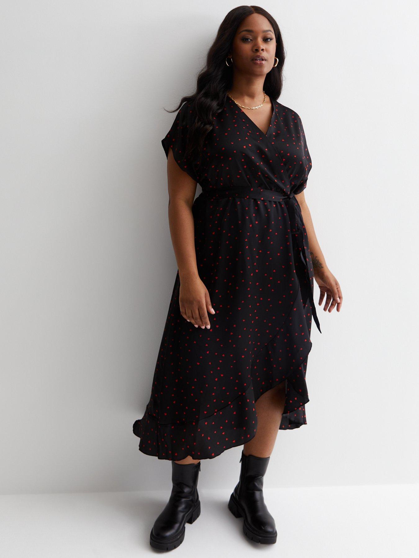 New Look Curves Black Heart Print Satin Wrap Ruffle Midi Dress