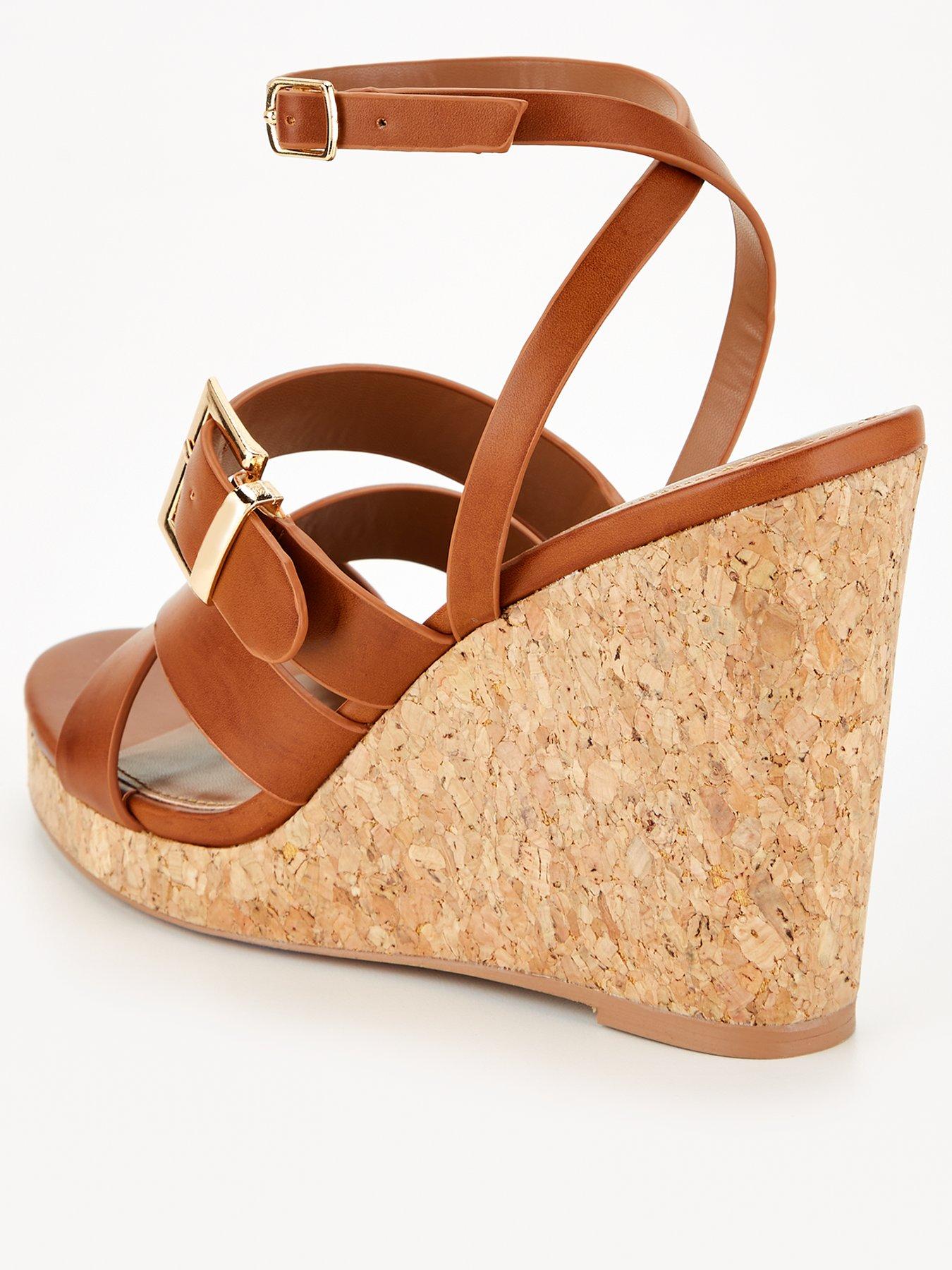 V by Very Buckle Strappy Wedge Sandal - Brown | Very
