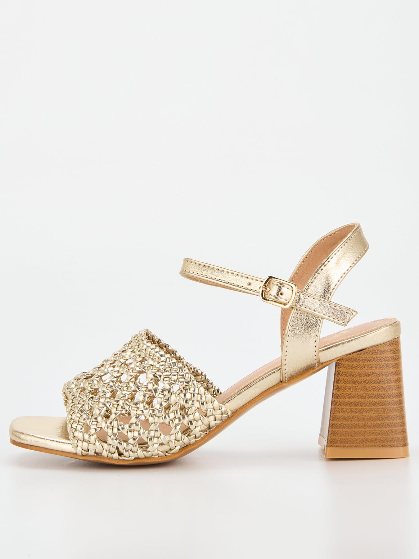 V by Very Wide Fit Basket Weave Block Heel Sandal - Gold | Very.co.uk