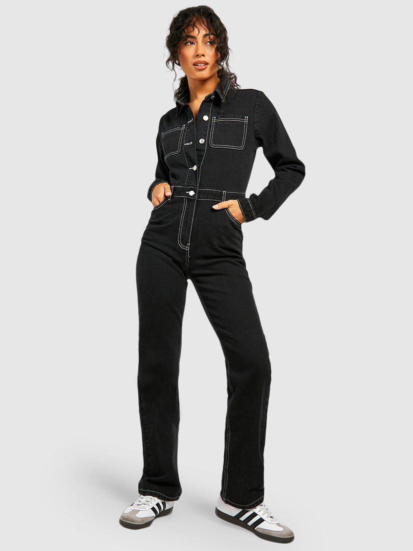 Contrast Stitch Denim Boiler Suit Black