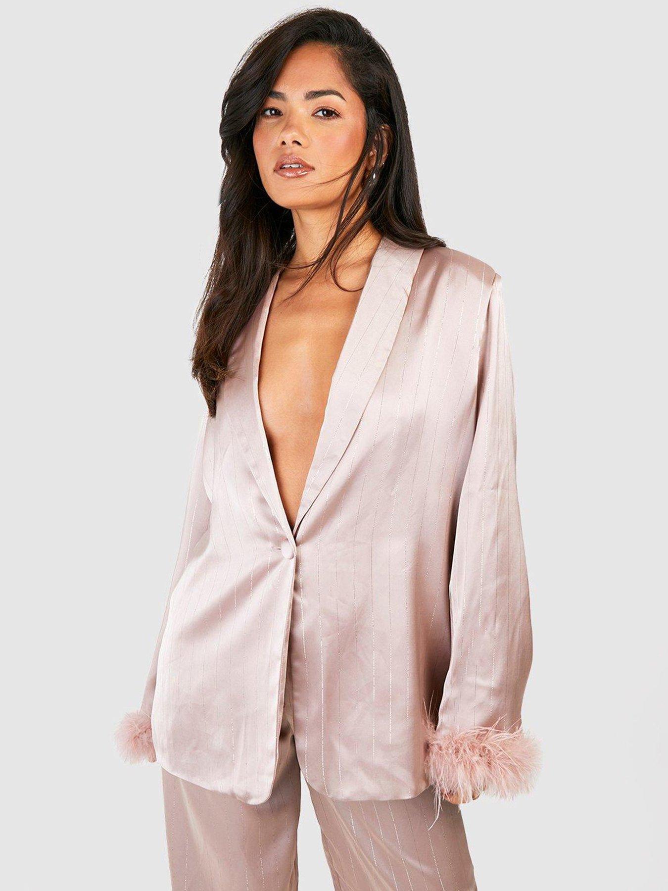 boohoo-matte-satin-metallic-pinstripe-blazer-nude
