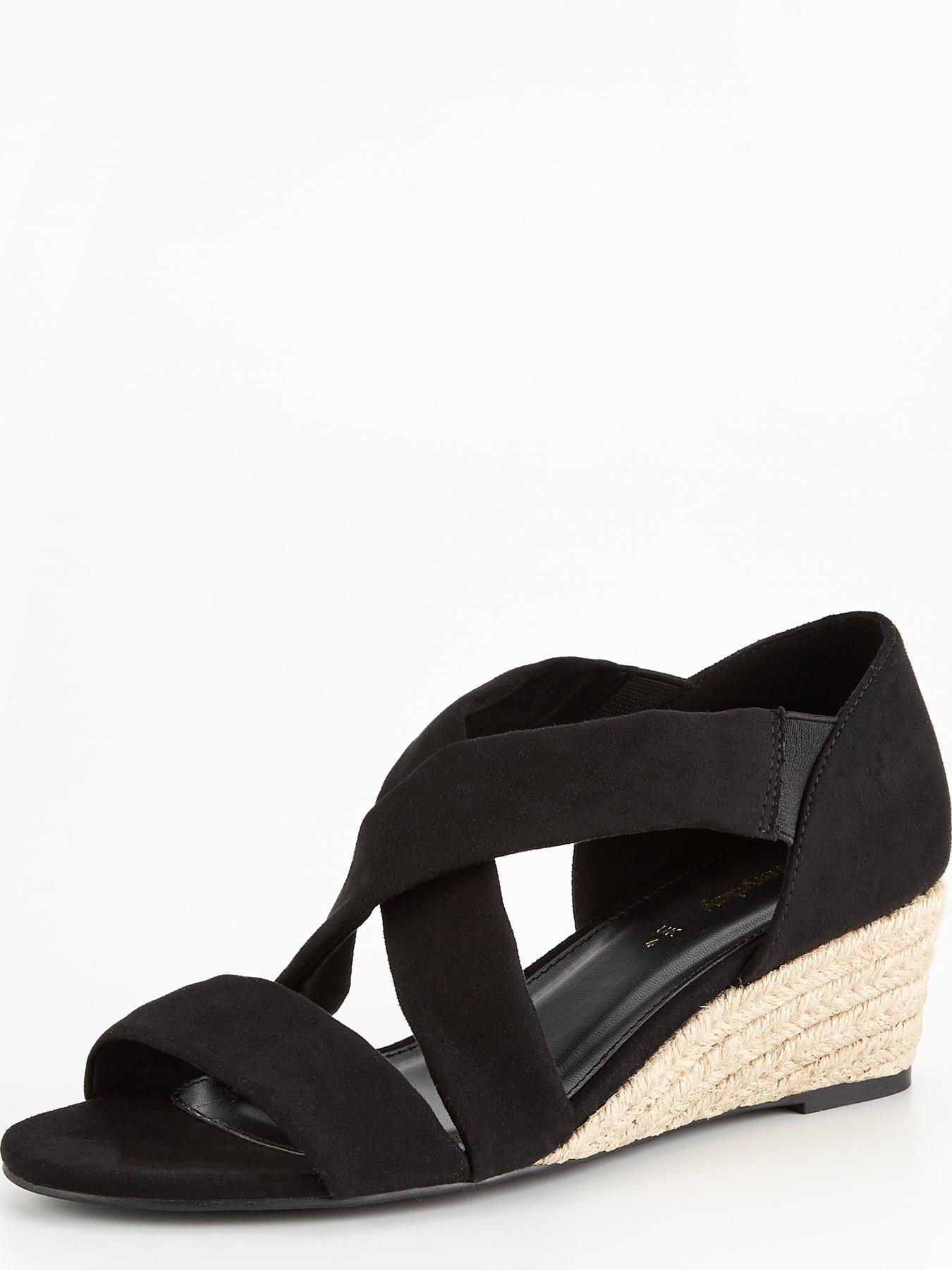 V By Very Wide Fit Low Strappy Wedge Sandal - Black 