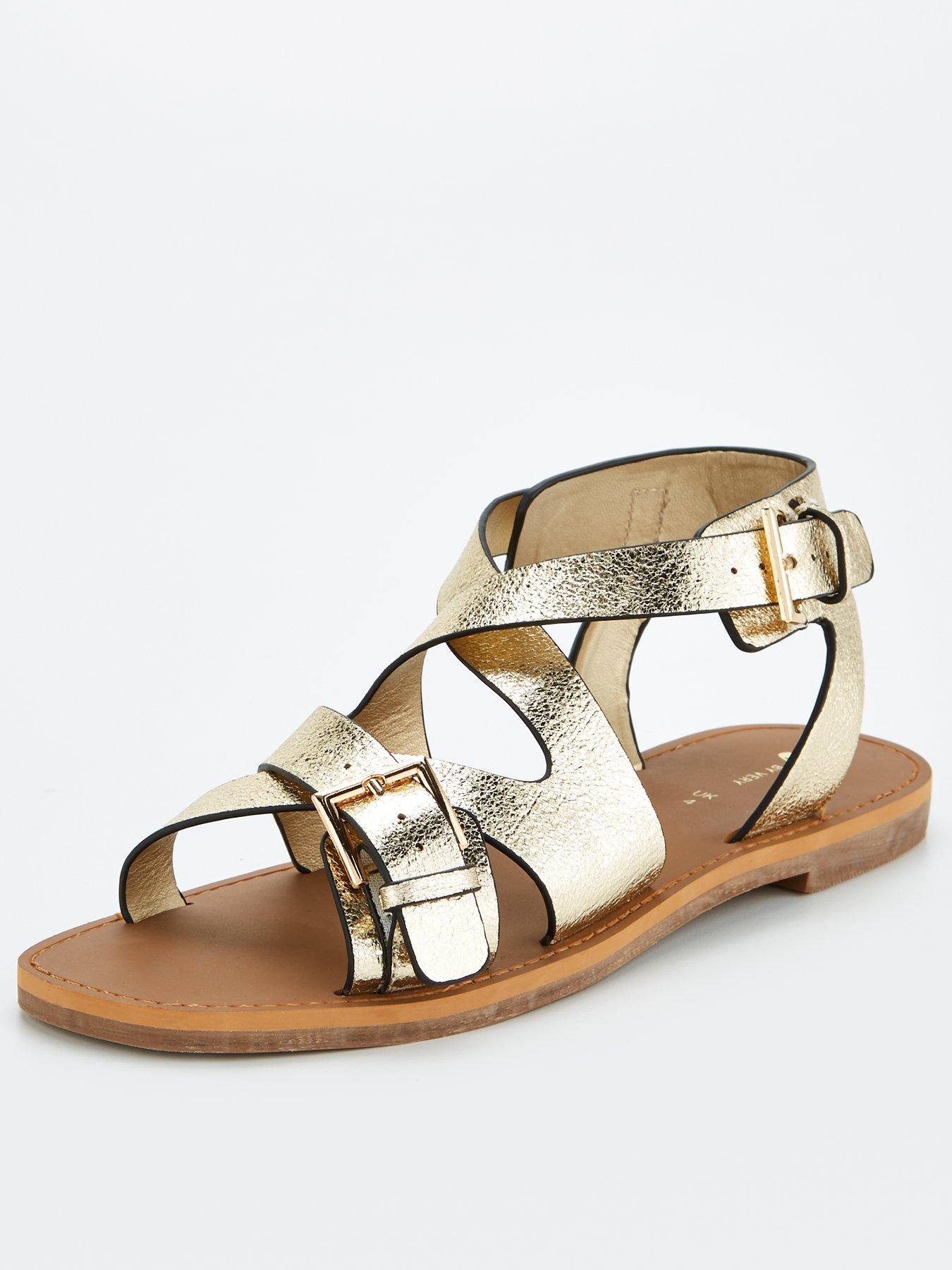 Buckle Strappy Flat Sandal Gold