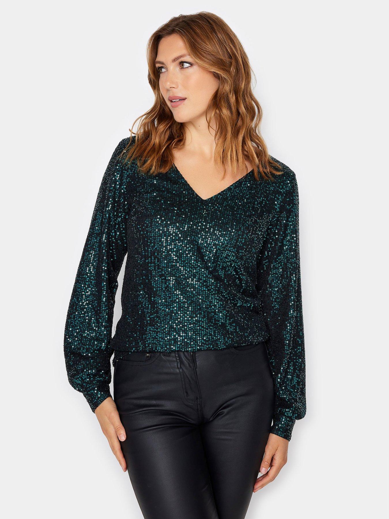 Long Tall Sally Green Sequin V Neck Top