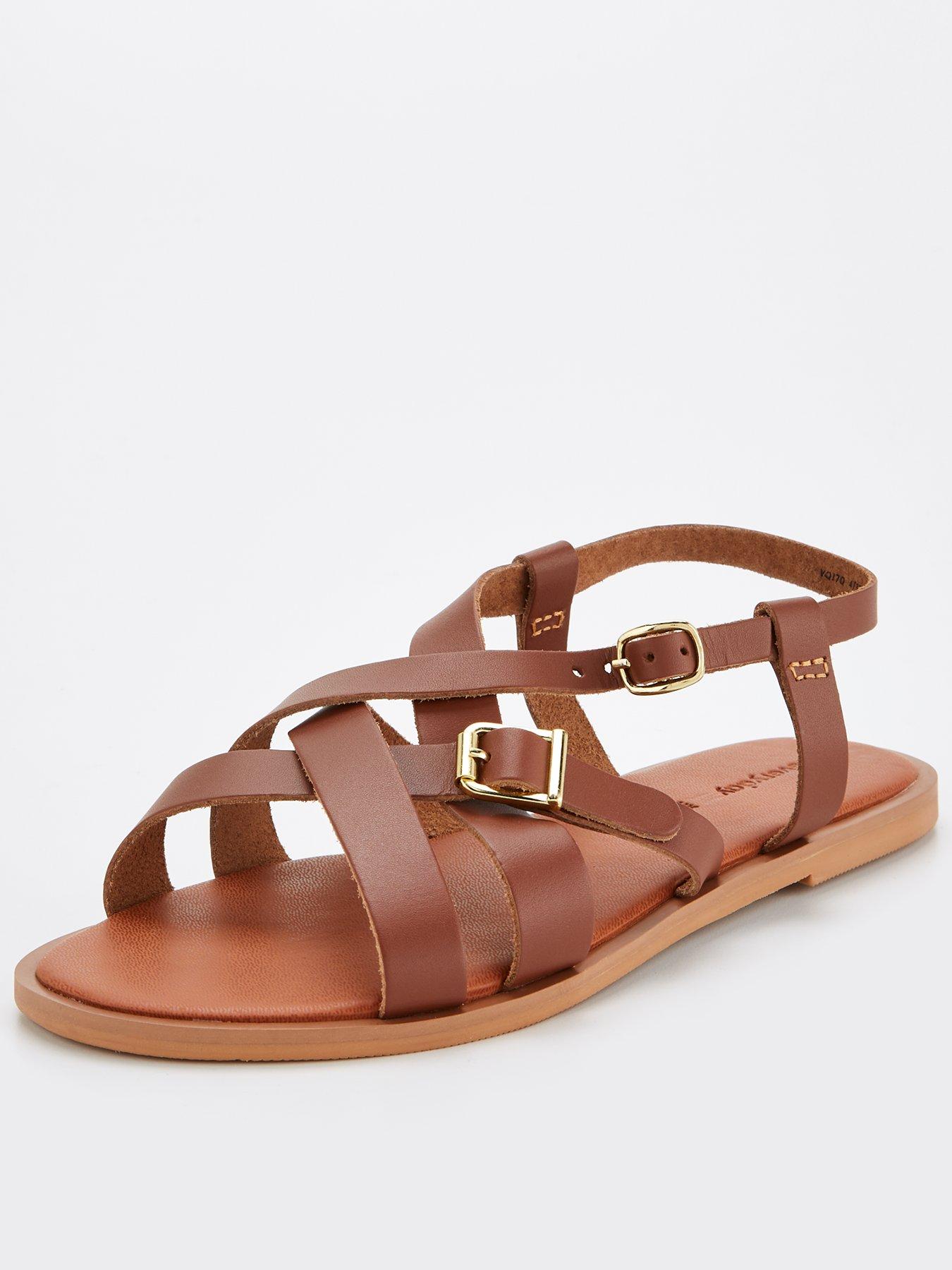 Wide Fit Leather Buckle Strappy Sandal Brown