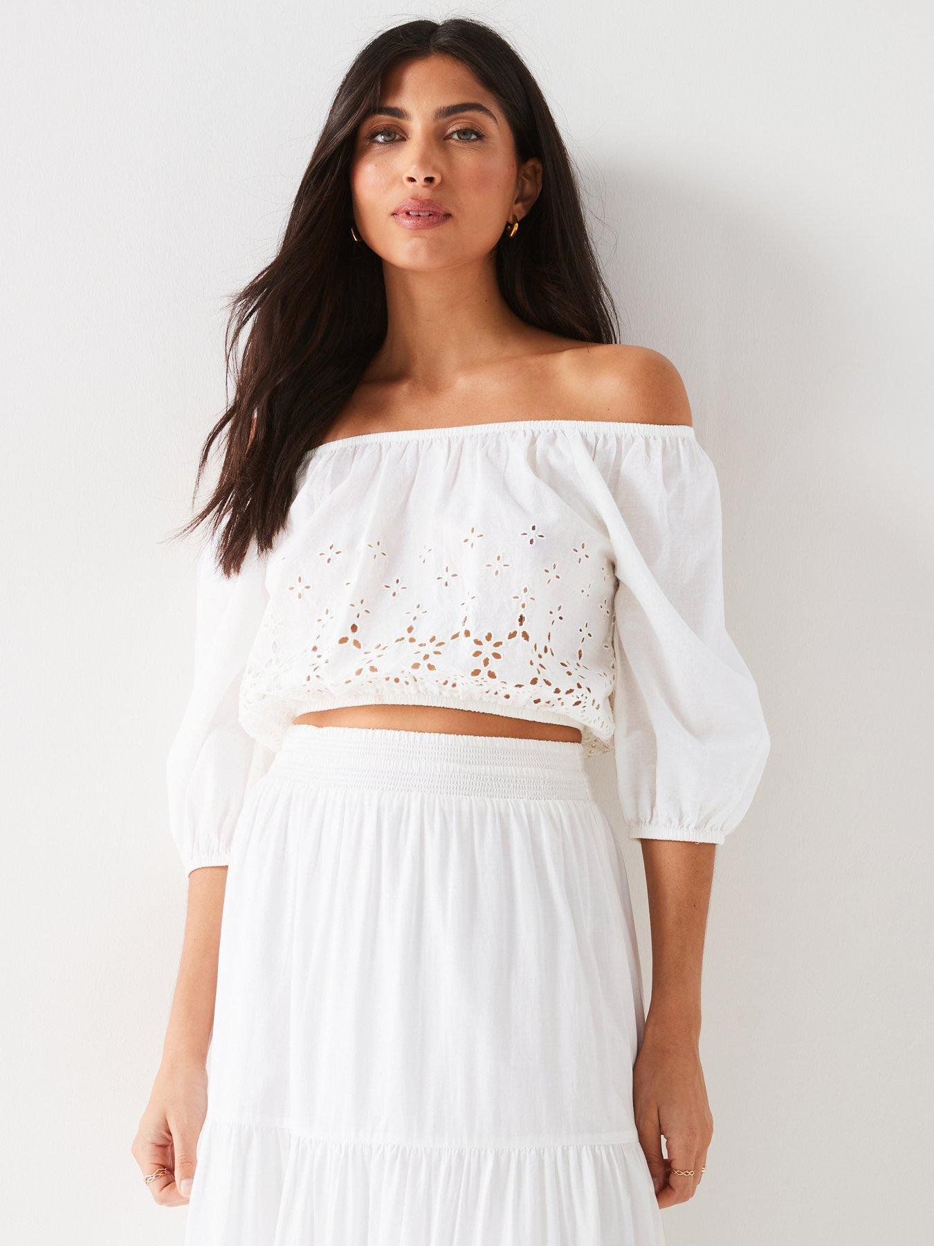 V by Very Broidery Hem Co Ord Tiered Maxi Skirt White Very