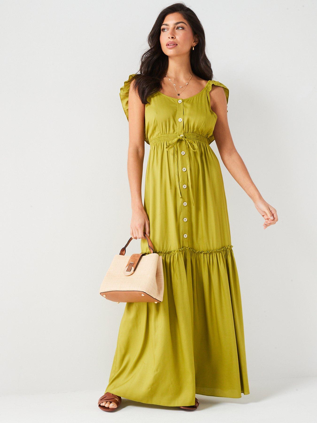 V by Very Button Front Frill Shoulder Beach Dress - Green | Very.co.uk