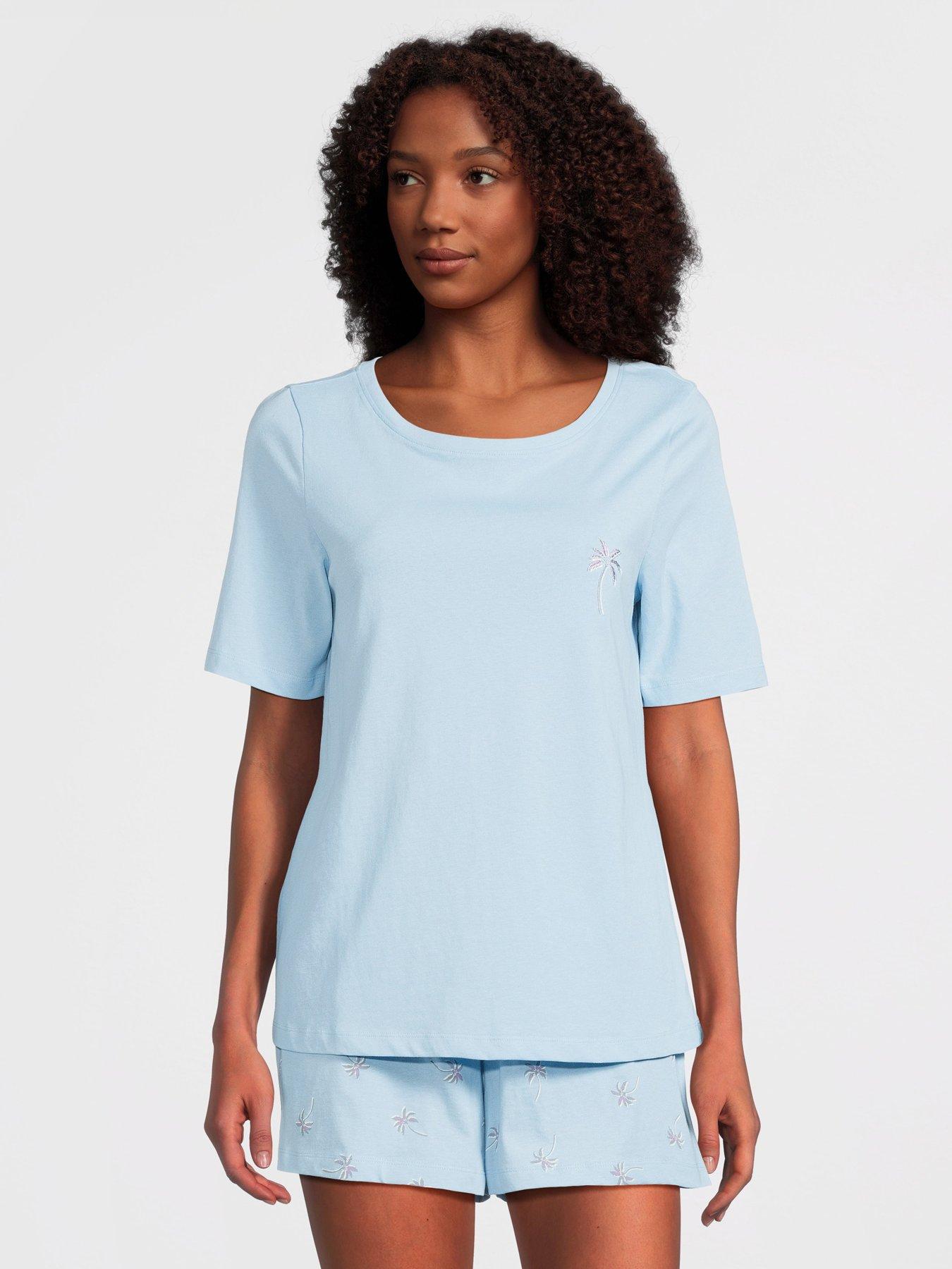 FAMILY PJs Sets Light Blue Ribbed Printed Cuffed Sleeve Crew Neck T-Shirt  Cuffed Everyday Size M