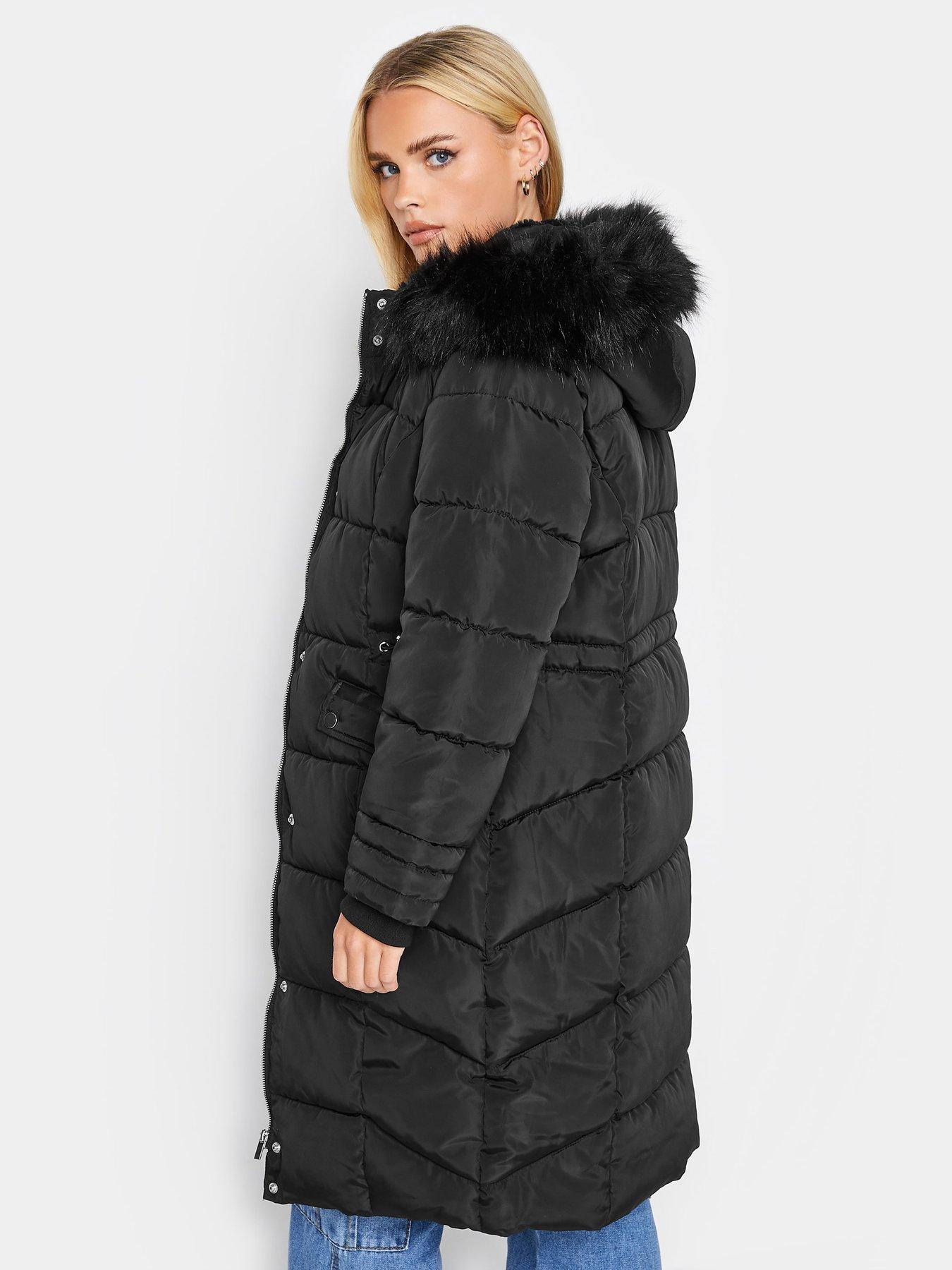 PixieGirl Petite Faux Fur Trim Padded Coat - Black