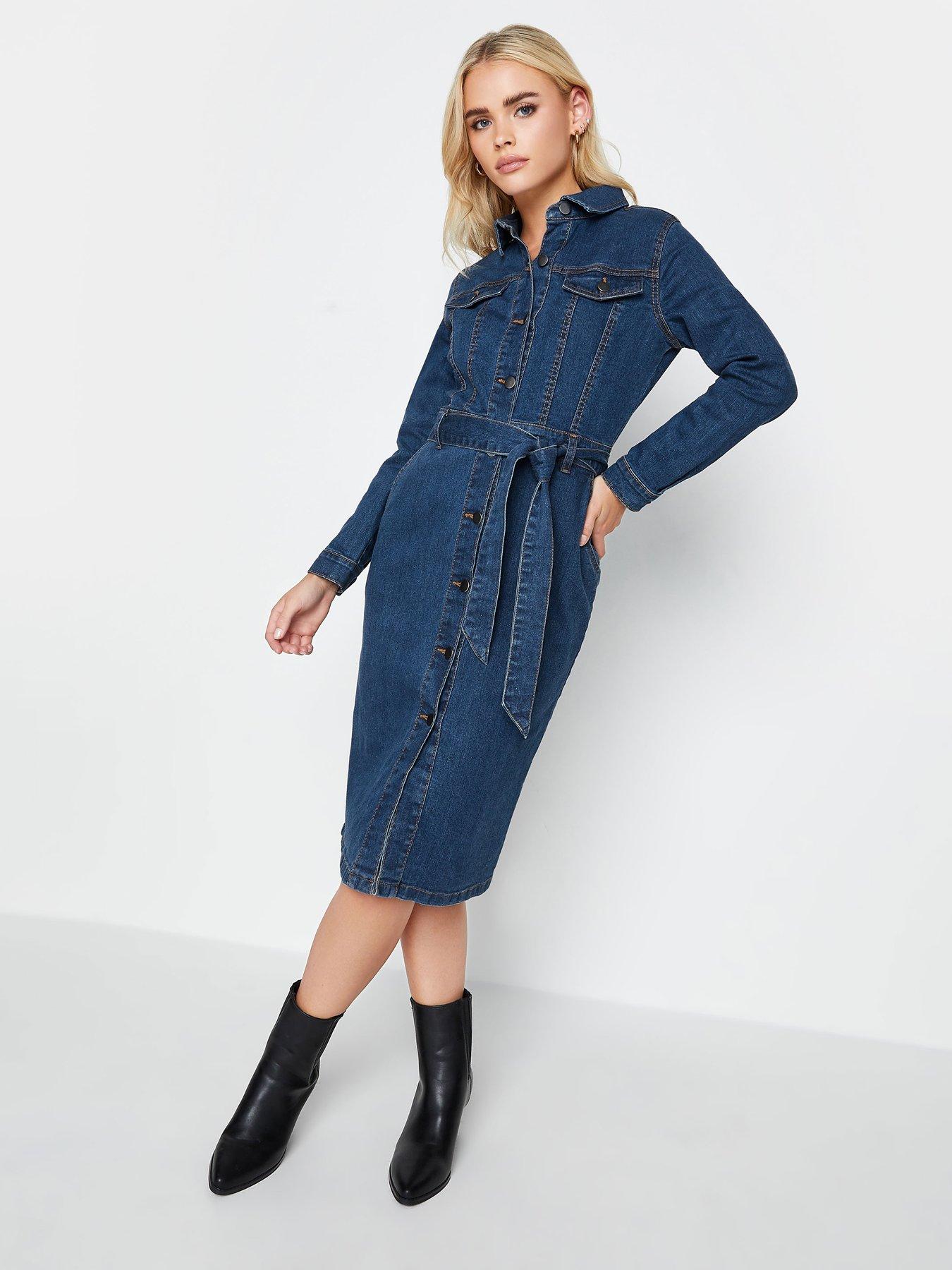 Petite Denim Button Through Belted Dress