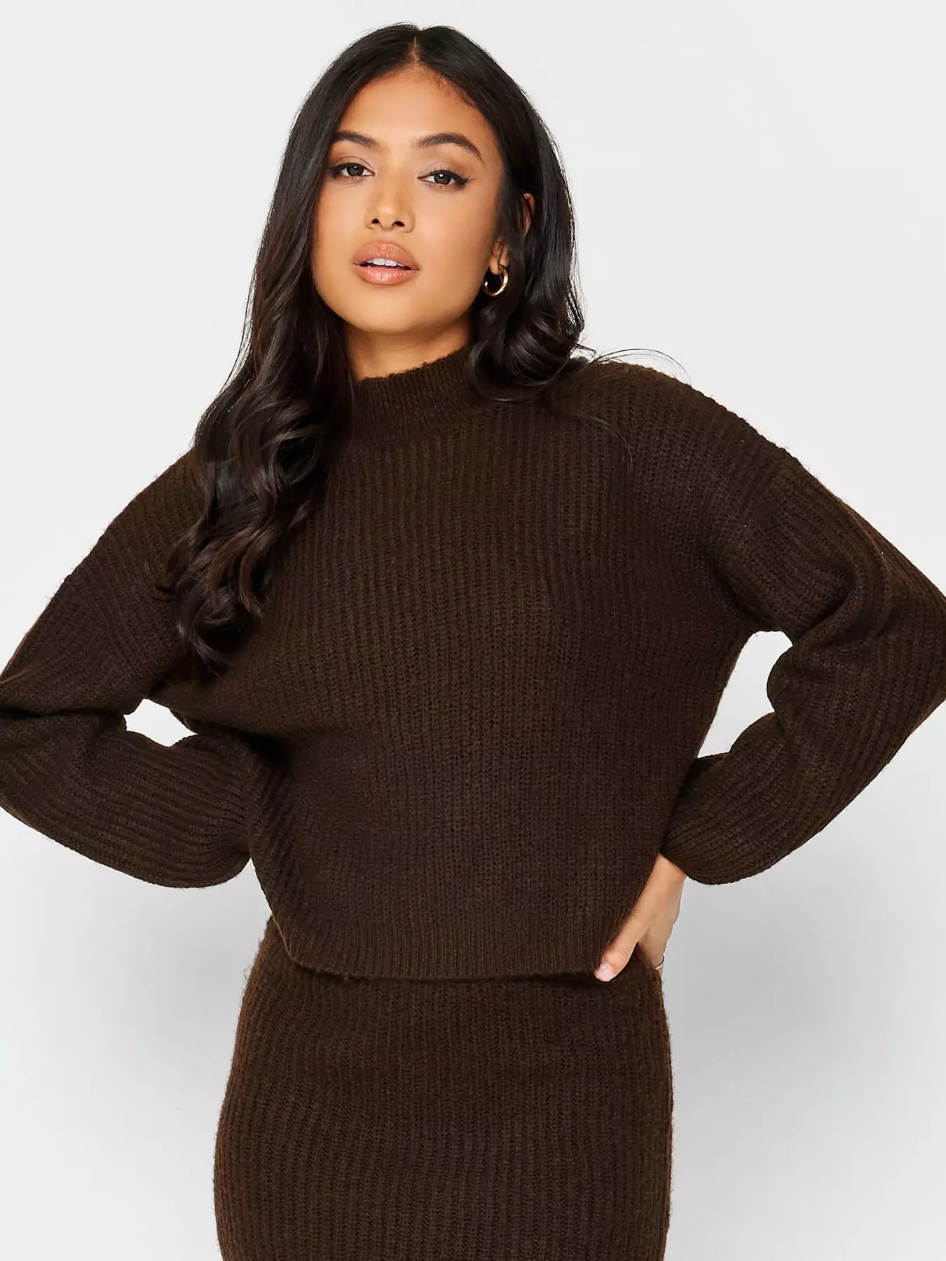 Buy Sosandar Brown Wide Rib Knit 1/4 Zip Neck Longline Jumper from