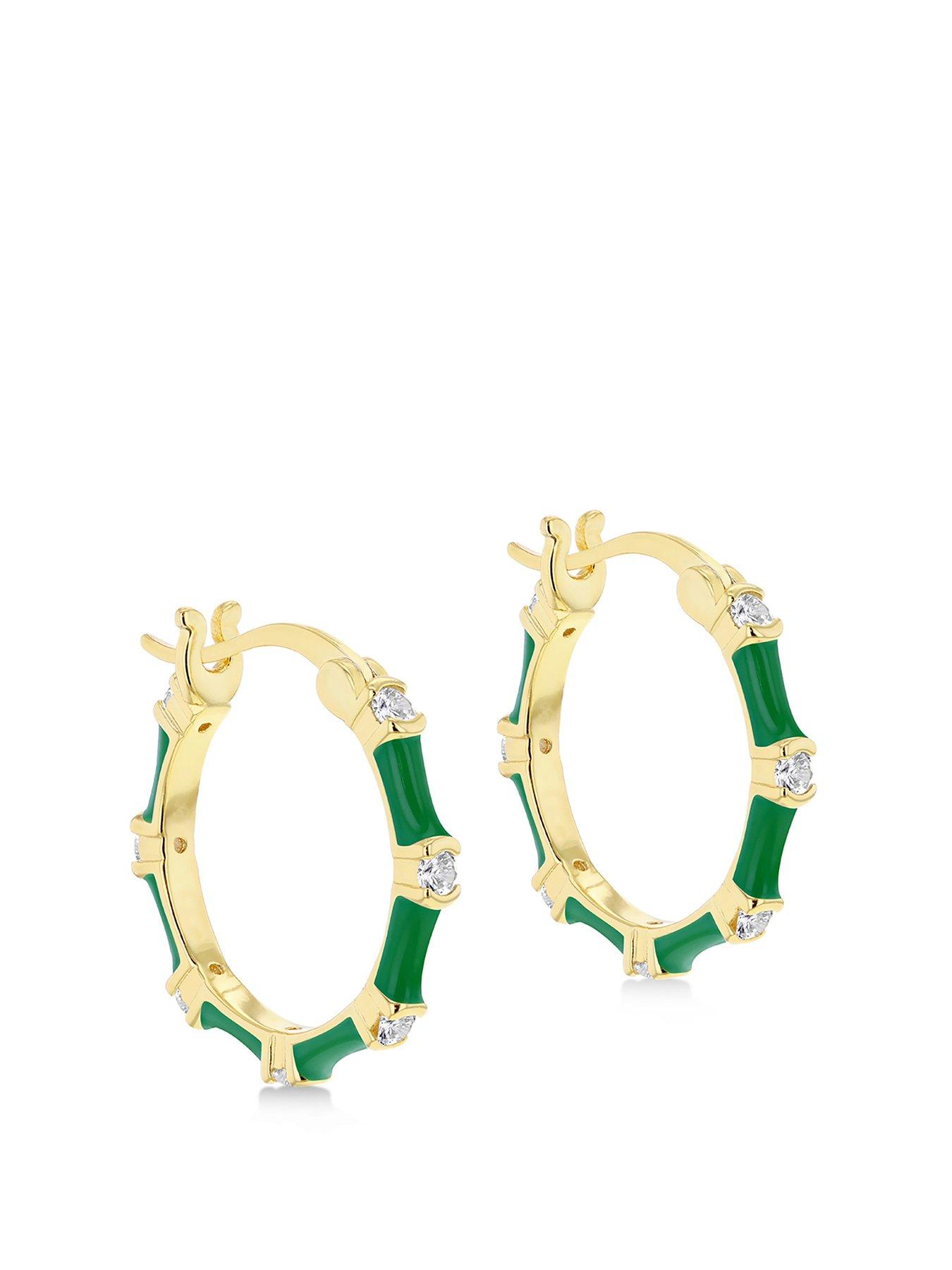 Product photograph of The Love Silver Collection Sterling Silver Yellow Gold Plated Round White Czs 20mm Green Enamel Hoop Creole Earrings from very.co.uk