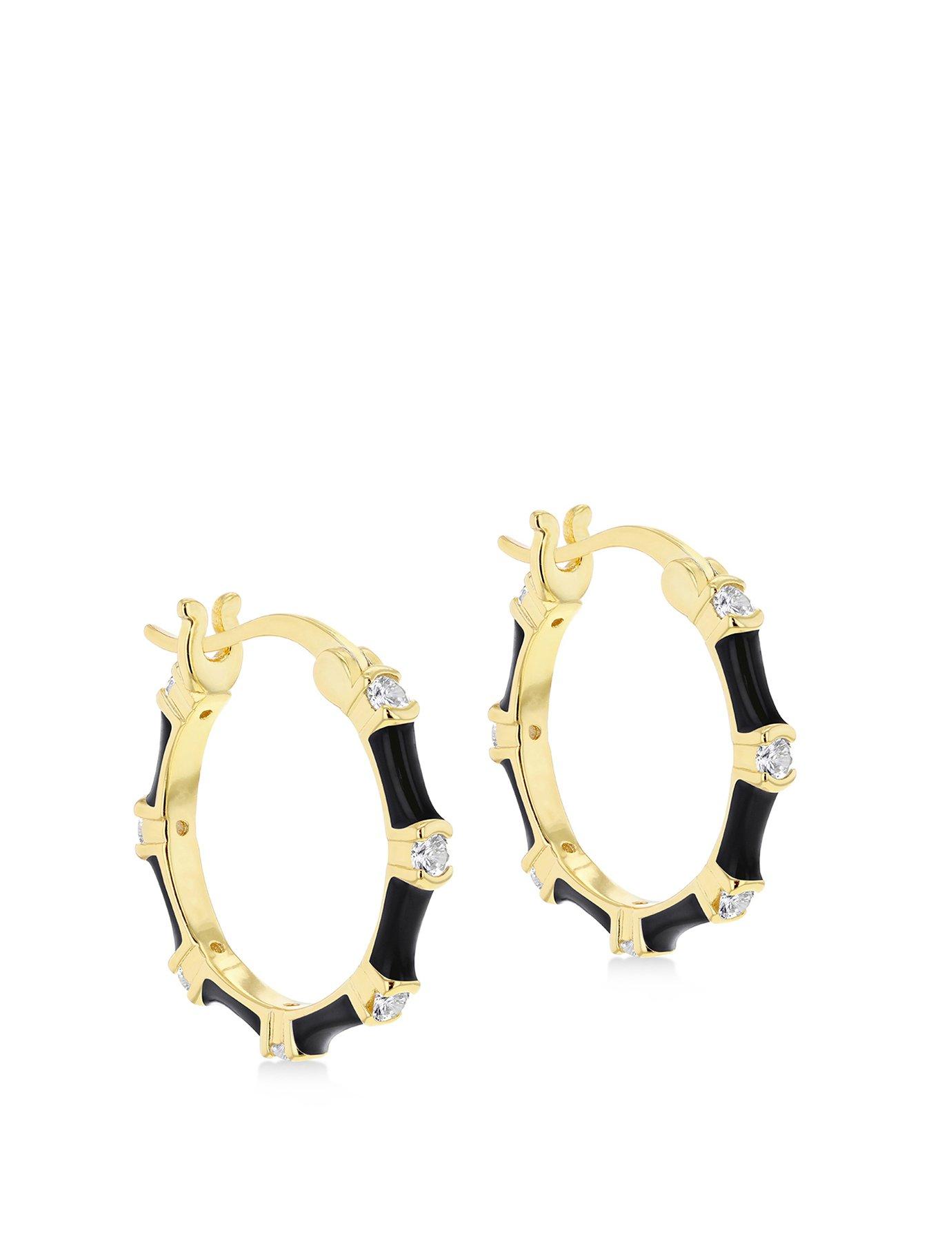 Product photograph of The Love Silver Collection Sterling Silver Yellow Gold Plated Round White Czs 20mm Black Enamel Hoop Creole Earrings from very.co.uk
