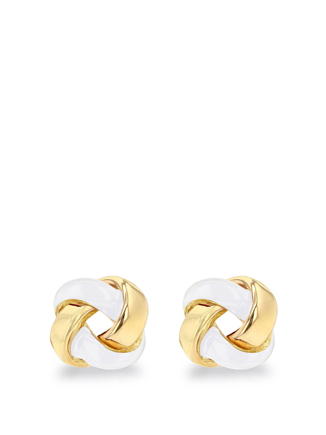 Product photograph of The Love Silver Collection Sterling Silver Yellow Gold Plated White Enamel Small Knot Stud Earrings from very.co.uk