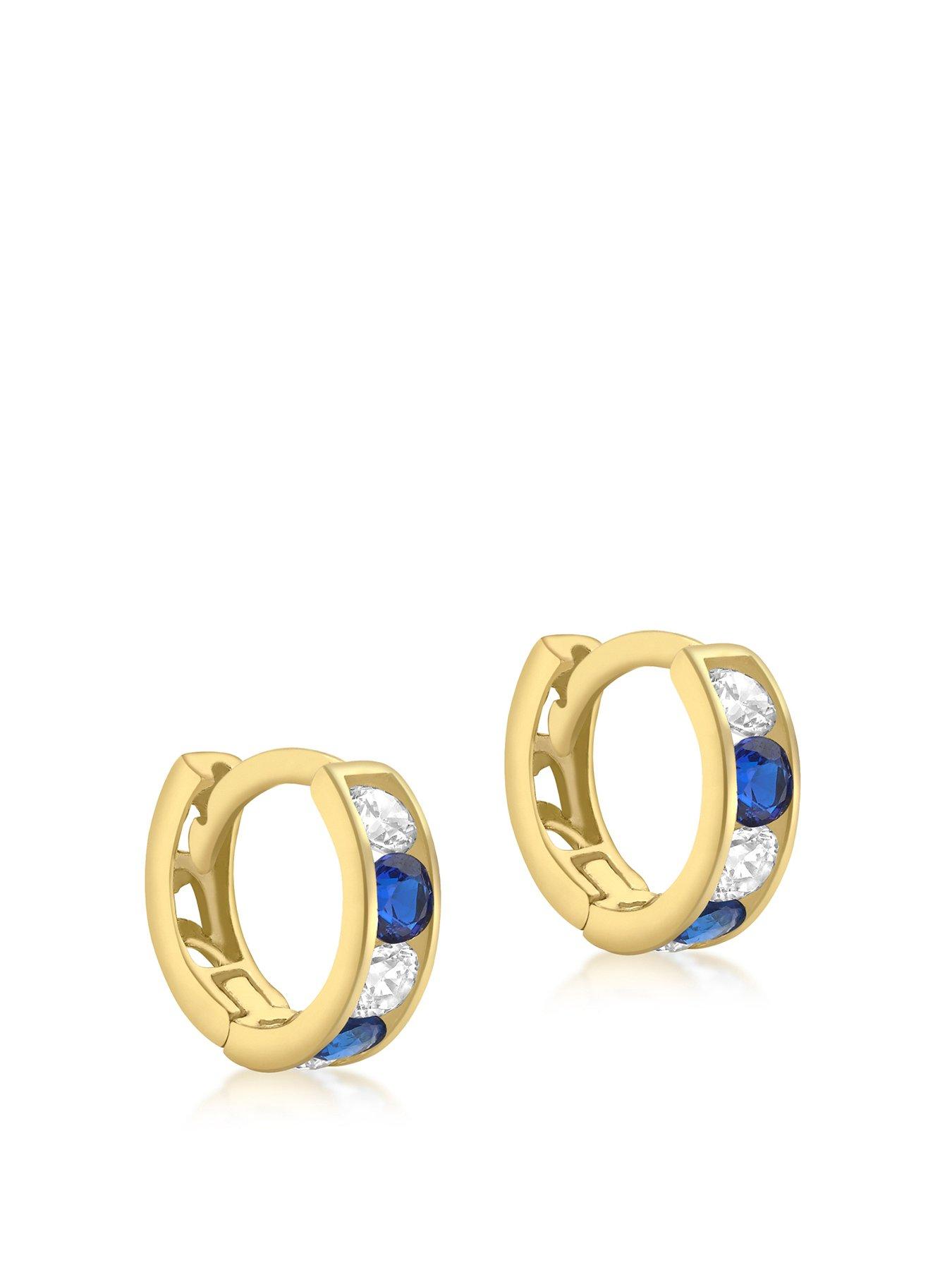 Product photograph of Love Gold 9ct Yellow Gold White And Blue Cz 3mm X 9mm Huggy Earrings from very.co.uk