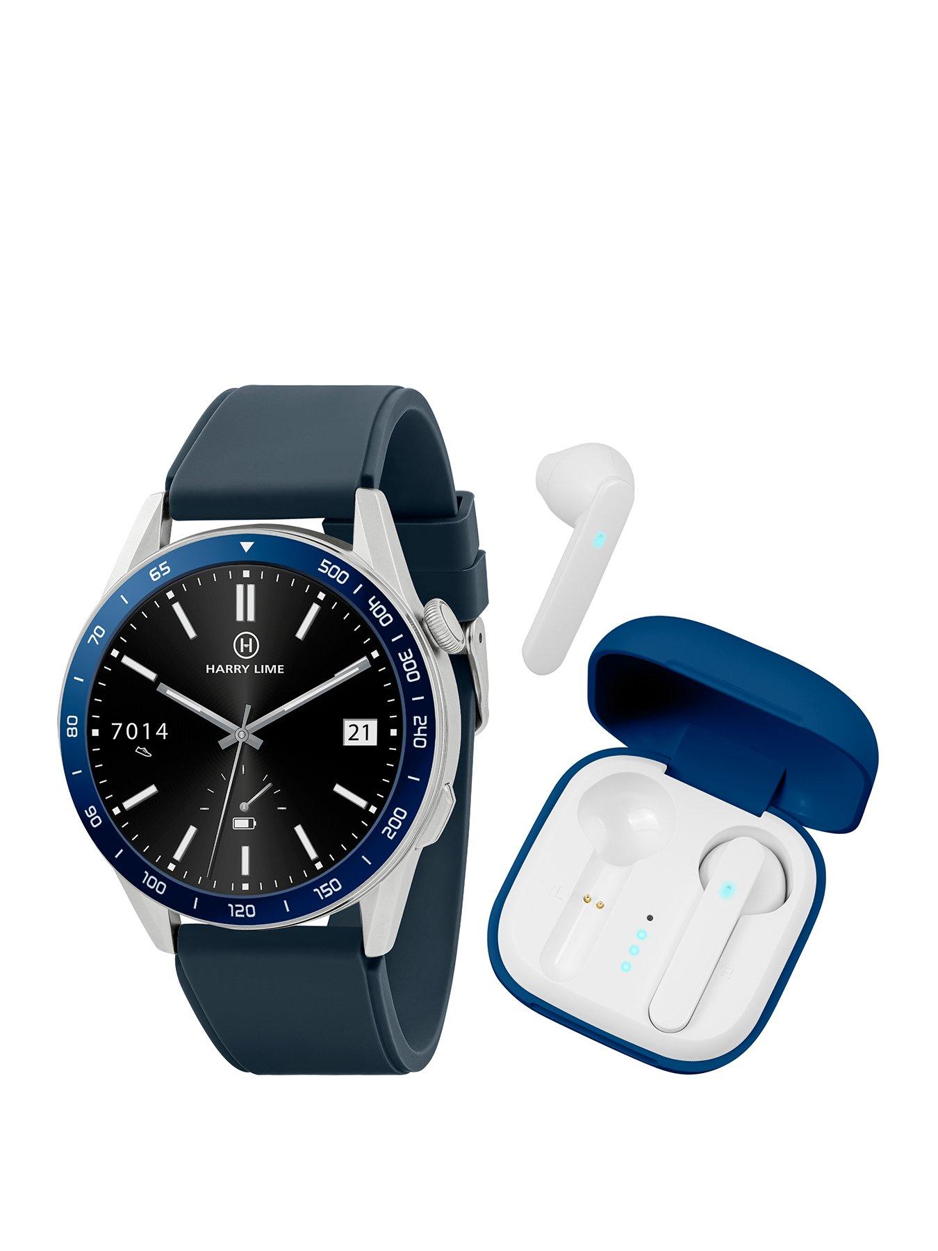 Product photograph of Harry Lime Series 27 Navy Silicone Strap Smart Watch With Blue True Wireless Earphone In Charging Case from very.co.uk
