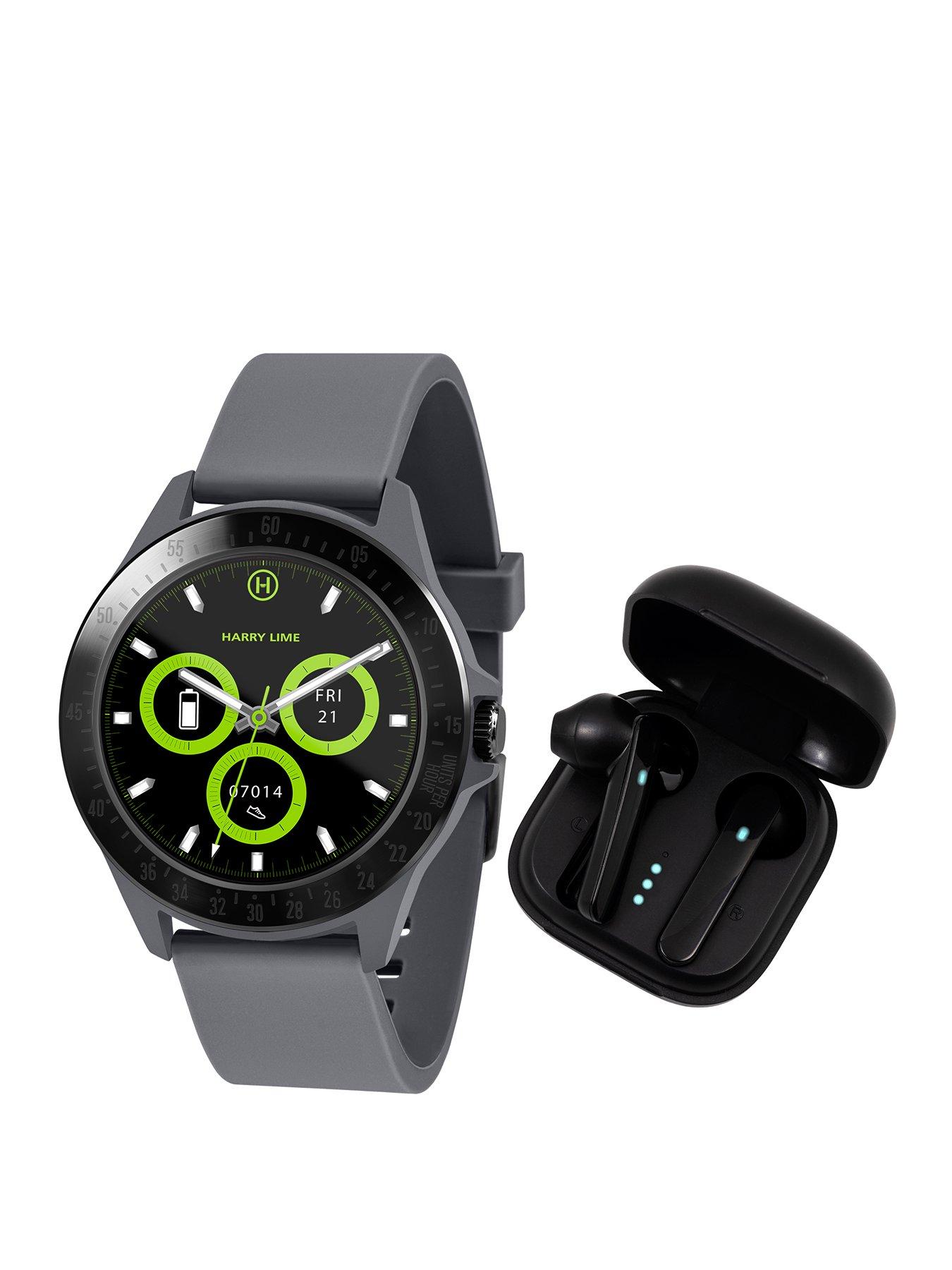 Product photograph of Harry Lime Fashion Smart Watch In Grey Featuring Black True Wireless Earbuds In Charging Case from very.co.uk