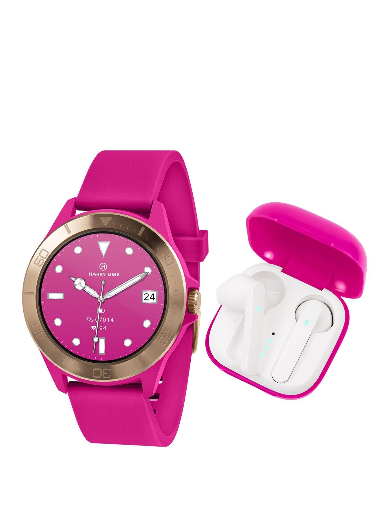 Product photograph of Harry Lime Series 7 Pink Silicone Strap Smart Watch With Pink True Wireless Earphones In Charging Case from very.co.uk