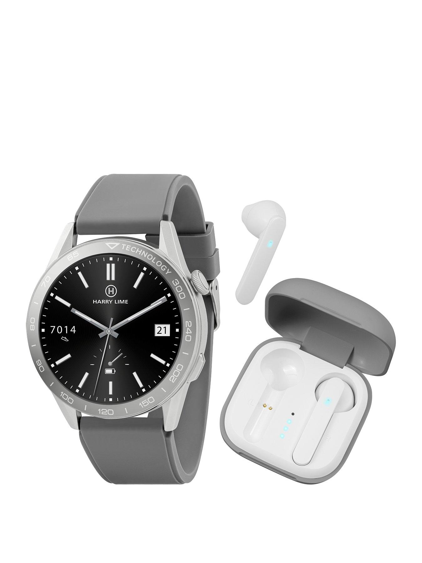 Product photograph of Harry Lime Series 27 Grey Silicone Strap Smart Watch With Grey True Wireless Earphone In Charging Case from very.co.uk