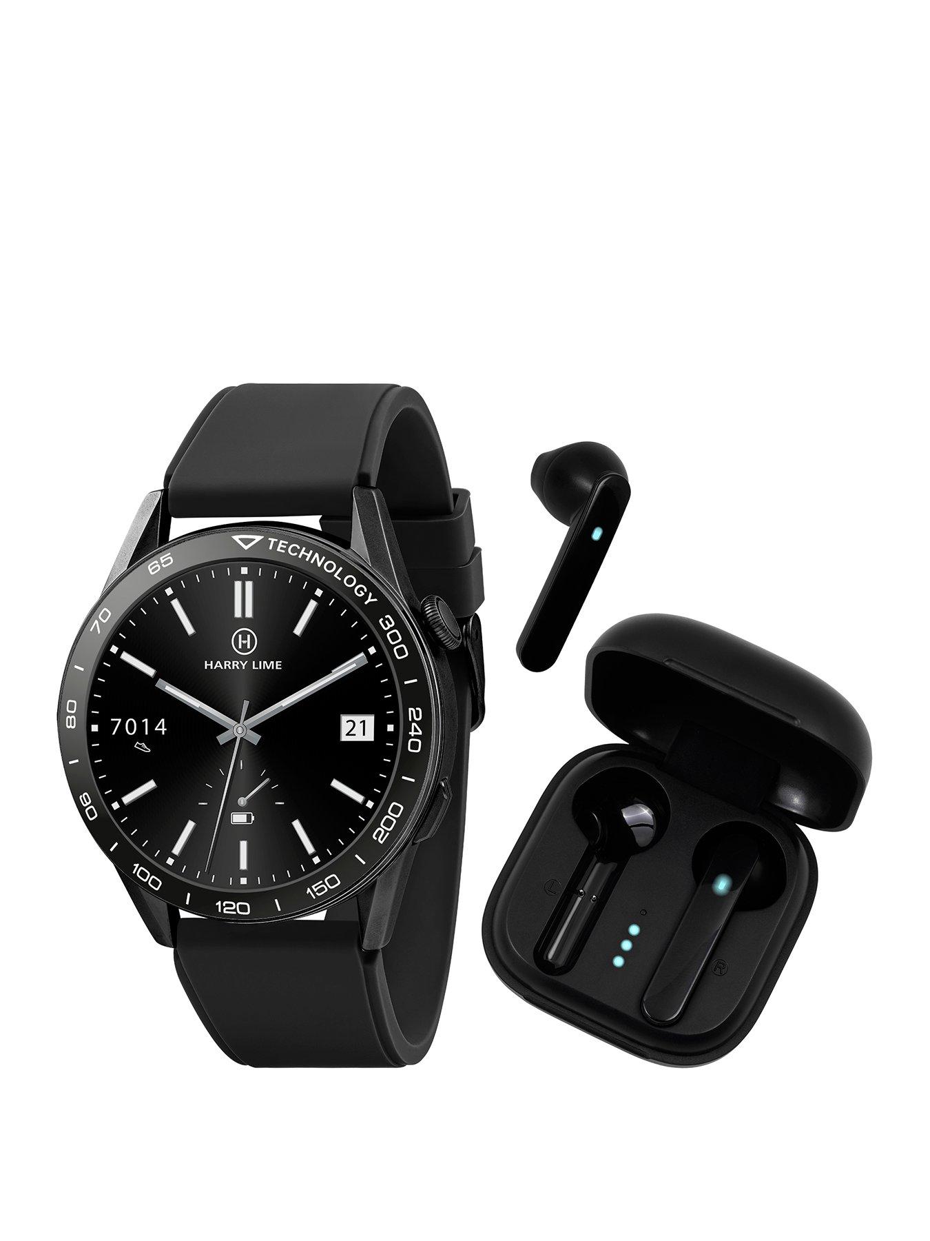 Product photograph of Harry Lime Series 27 Black Silicone Strap Smart Watch With Black True Wireless Earphone In Charging Case from very.co.uk