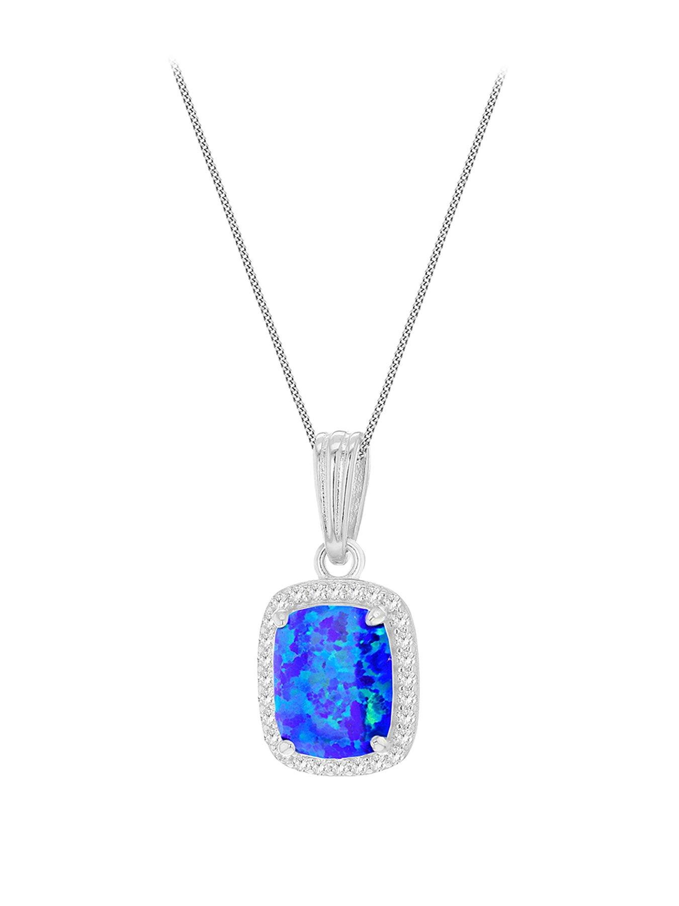 Product photograph of The Love Silver Collection Sterling Silver Synthetic Blue Opal And White Cz Halo Pendant Curb Chain from very.co.uk