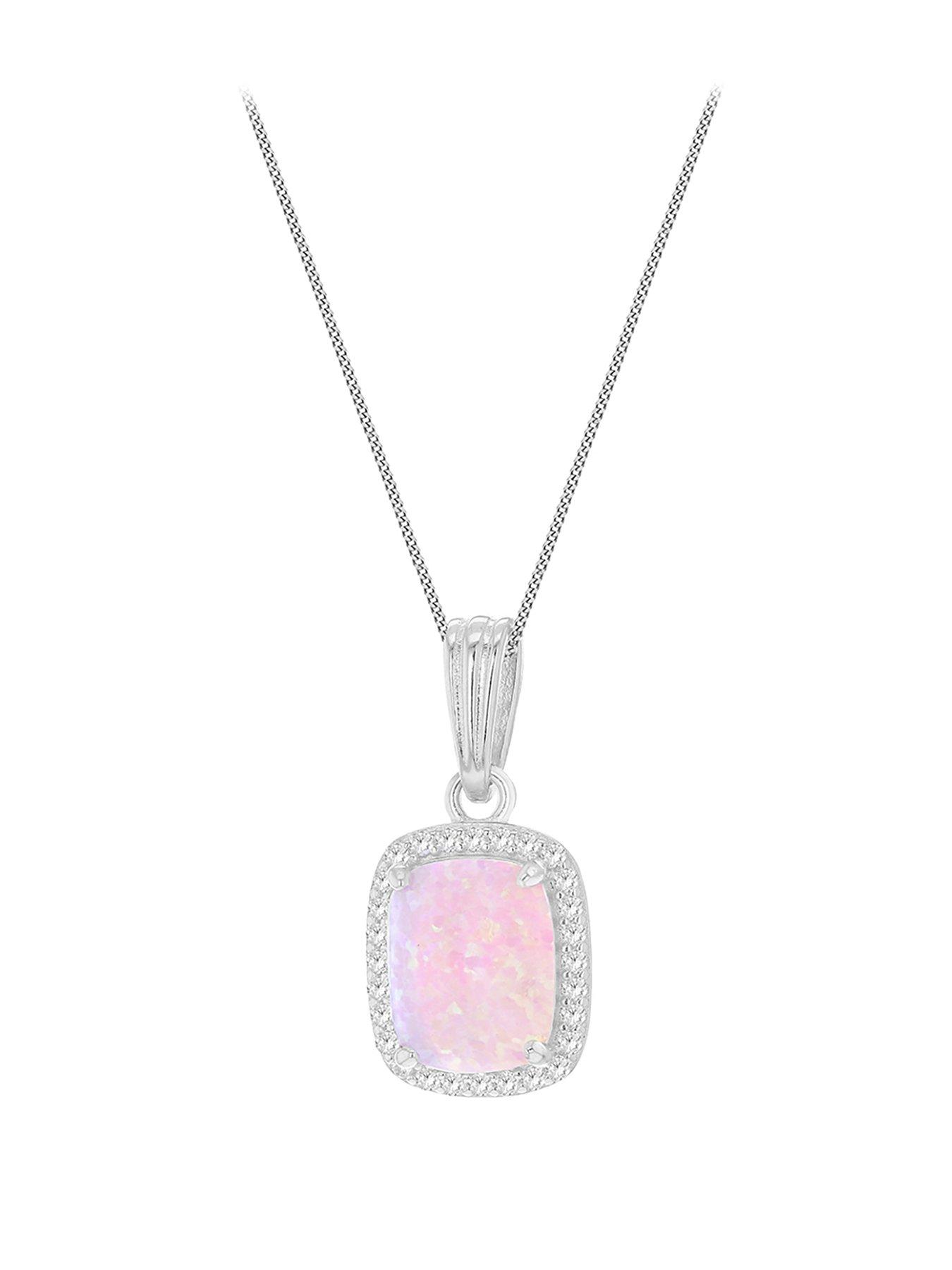 Product photograph of The Love Silver Collection Sterling Silver Synthetic Pink Opal And White Cz Halo Pendant Curb Chain from very.co.uk
