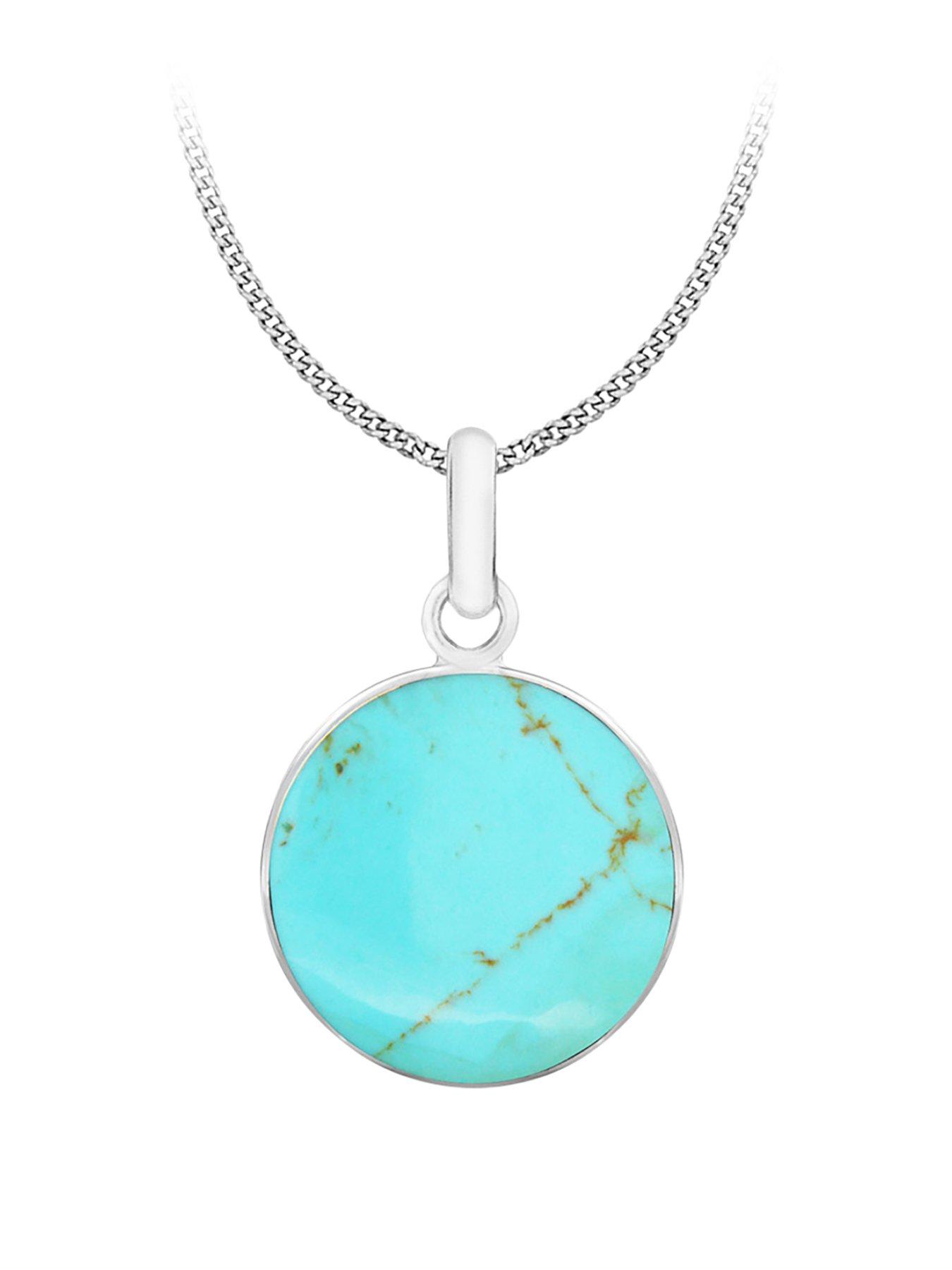 Product photograph of The Love Silver Collection Sterling Silver Round Turquoise Pendant Curb Chain from very.co.uk