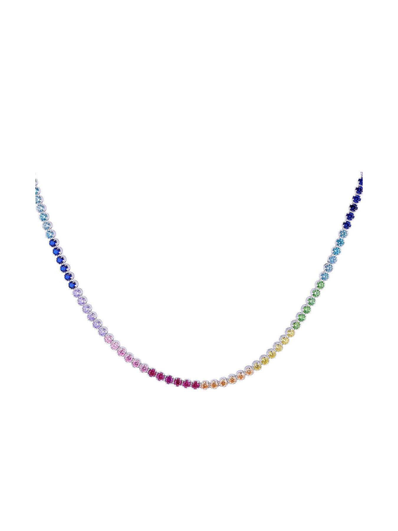 Product photograph of The Love Silver Collection Sterling Silver Rhodium Plated Multi-coloured Cz Tennis Necklace from very.co.uk