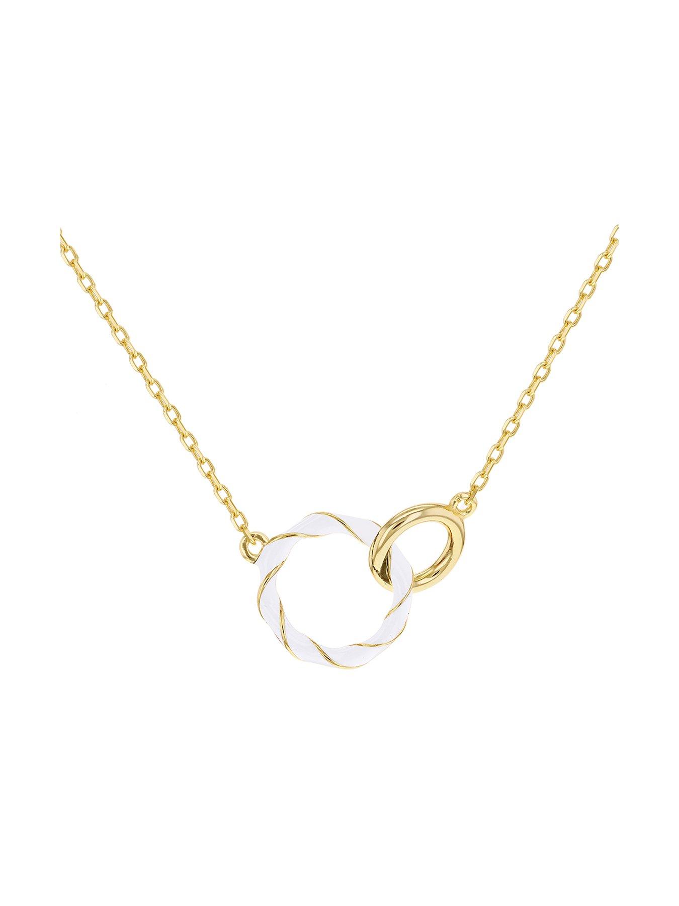 Product photograph of The Love Silver Collection Sterling Silver Yellow Gold Plated White Enamel Double Ring Interlock Necklace from very.co.uk