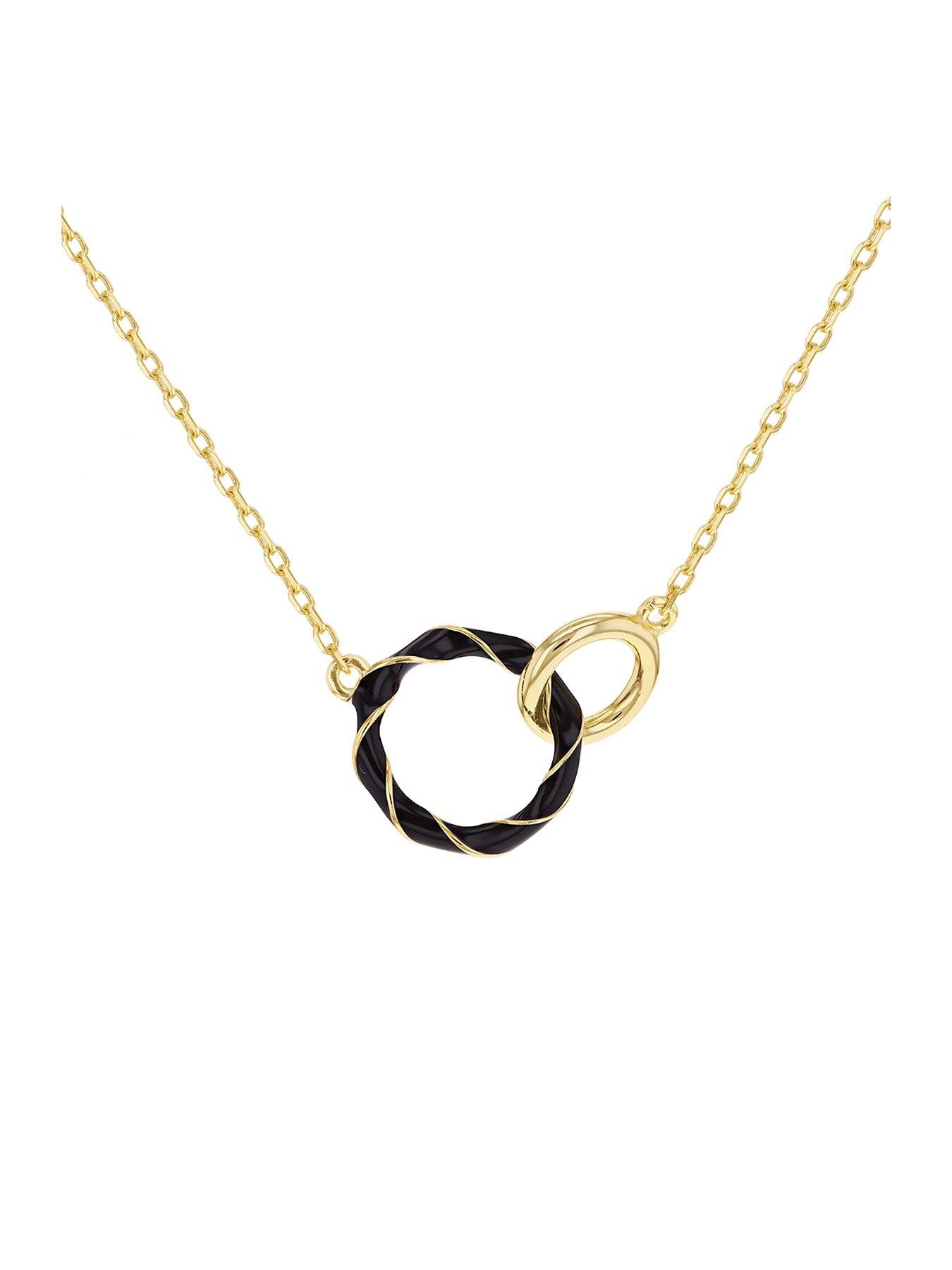 Product photograph of The Love Silver Collection Sterling Silver Yellow Gold Plated Black Enamel Double Ring Interlock Necklace from very.co.uk