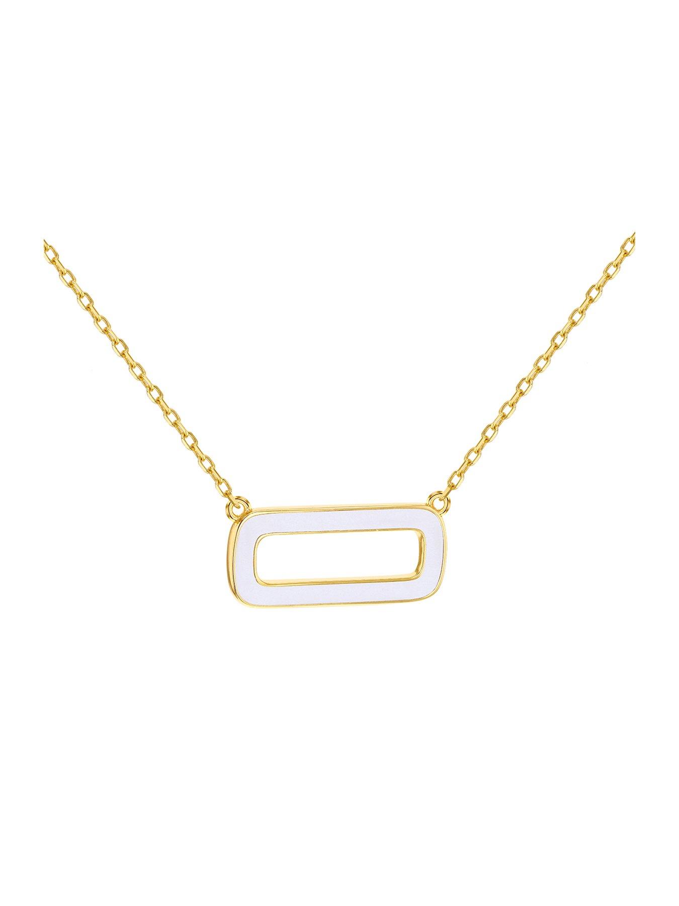 Product photograph of The Love Silver Collection Sterling Silver Yellow Gold Plated White Enamel Rectangle Frame Necklace from very.co.uk