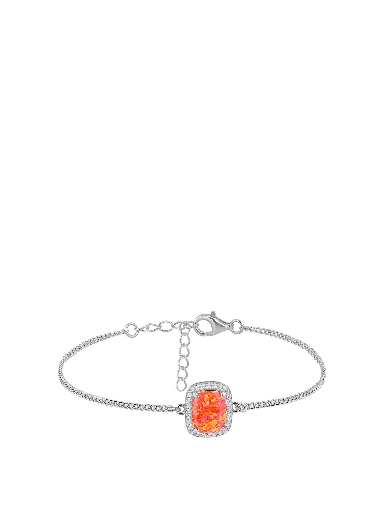 Product photograph of The Love Silver Collection Sterling Silver Synthetic Orange Opal And White Cz Halo Bracelet from very.co.uk
