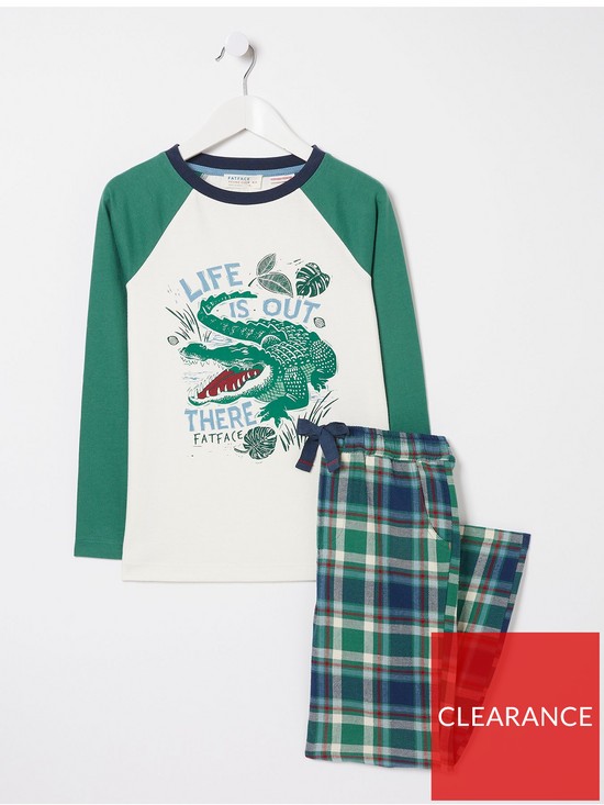 front image of fatface-boys-crocodile-check-pyjama-set-green