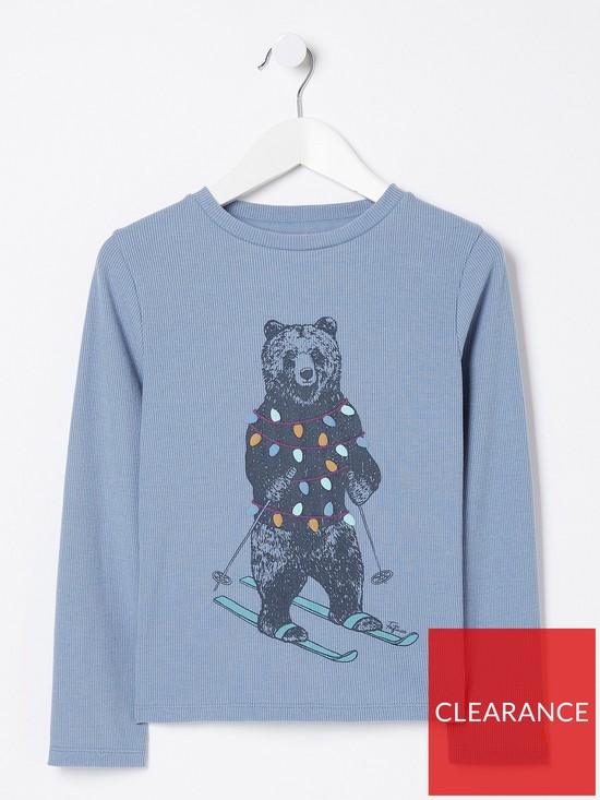 front image of fatface-girls-skiing-bear-rib-t-shirt-blue
