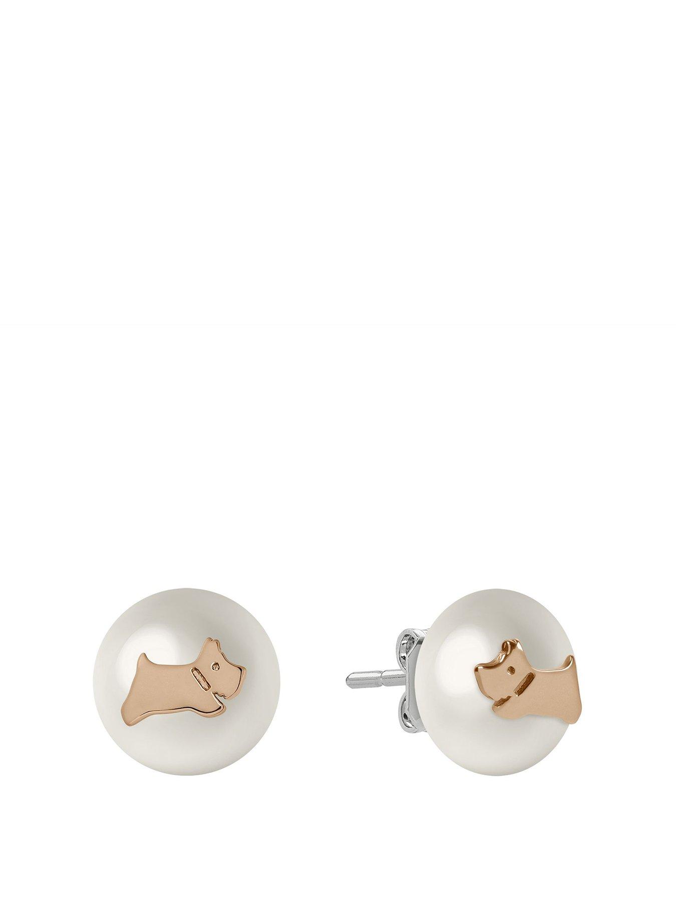 Product photograph of Radley Ladies Pearl Road 18ct Rose Gold Plated Jumping Dog Earrings from very.co.uk