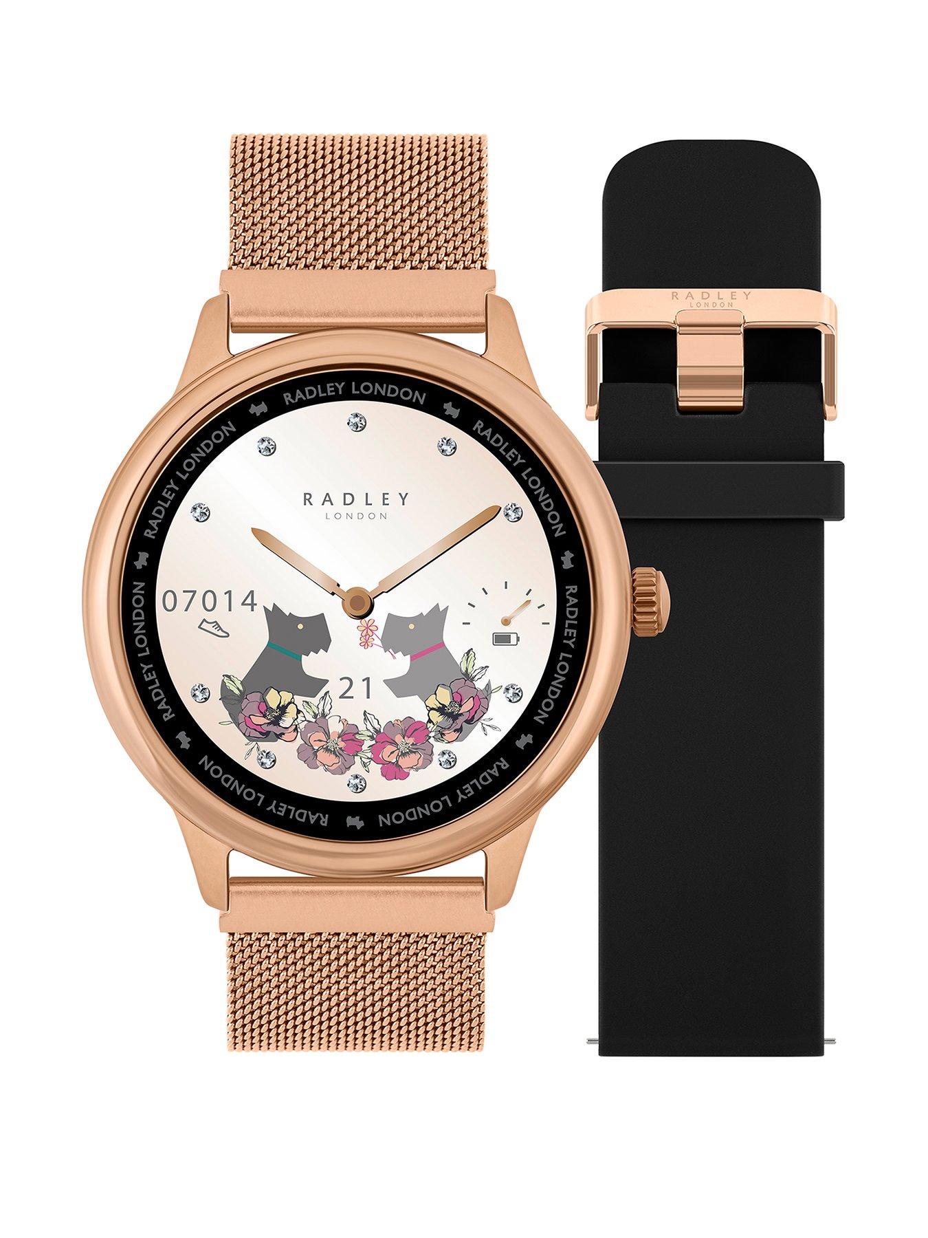 Product photograph of Radley Series 19 Smart Calling Watch With Interchangeable Cobweb Rose Gold Mesh And Black Silicone Straps from very.co.uk